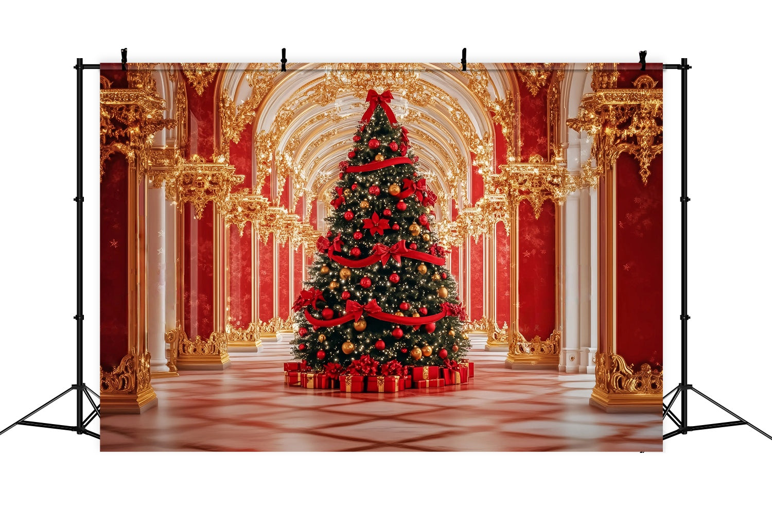 Red Christmas Backdrop Opulent Palace Christmas Tree Display Christmas Backdrops 10x10 TWW58-91