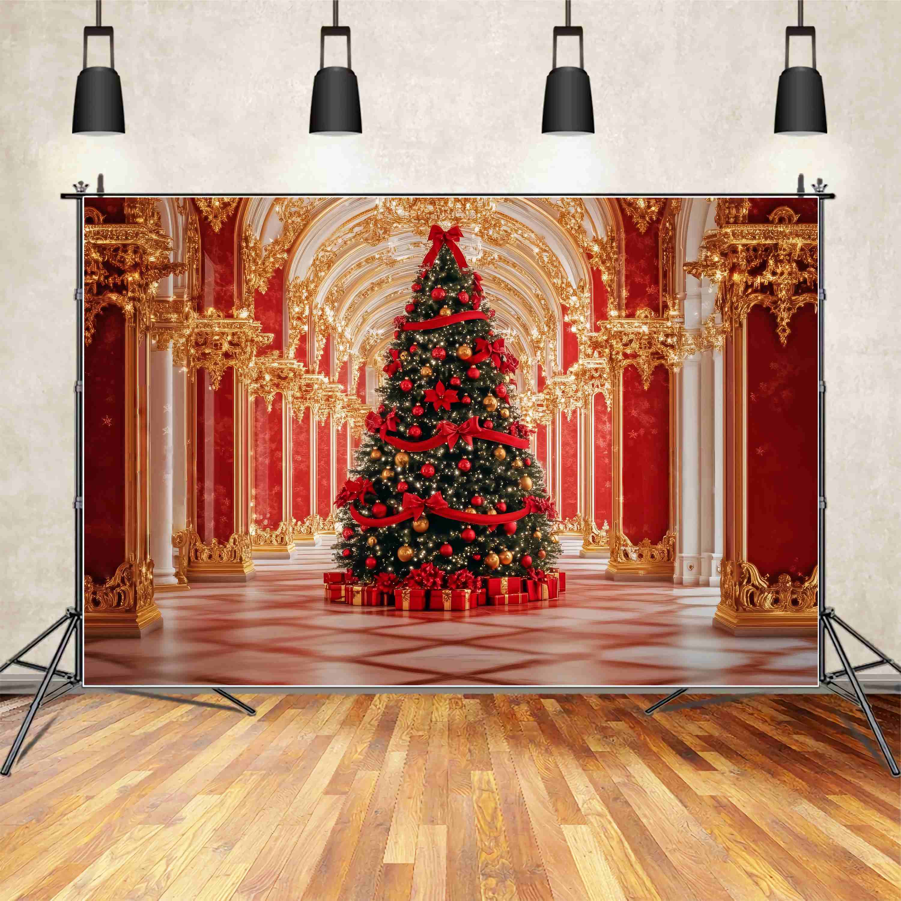 Red Christmas Backdrop Opulent Palace Christmas Tree Display Christmas Backdrops 10x10 TWW58-91