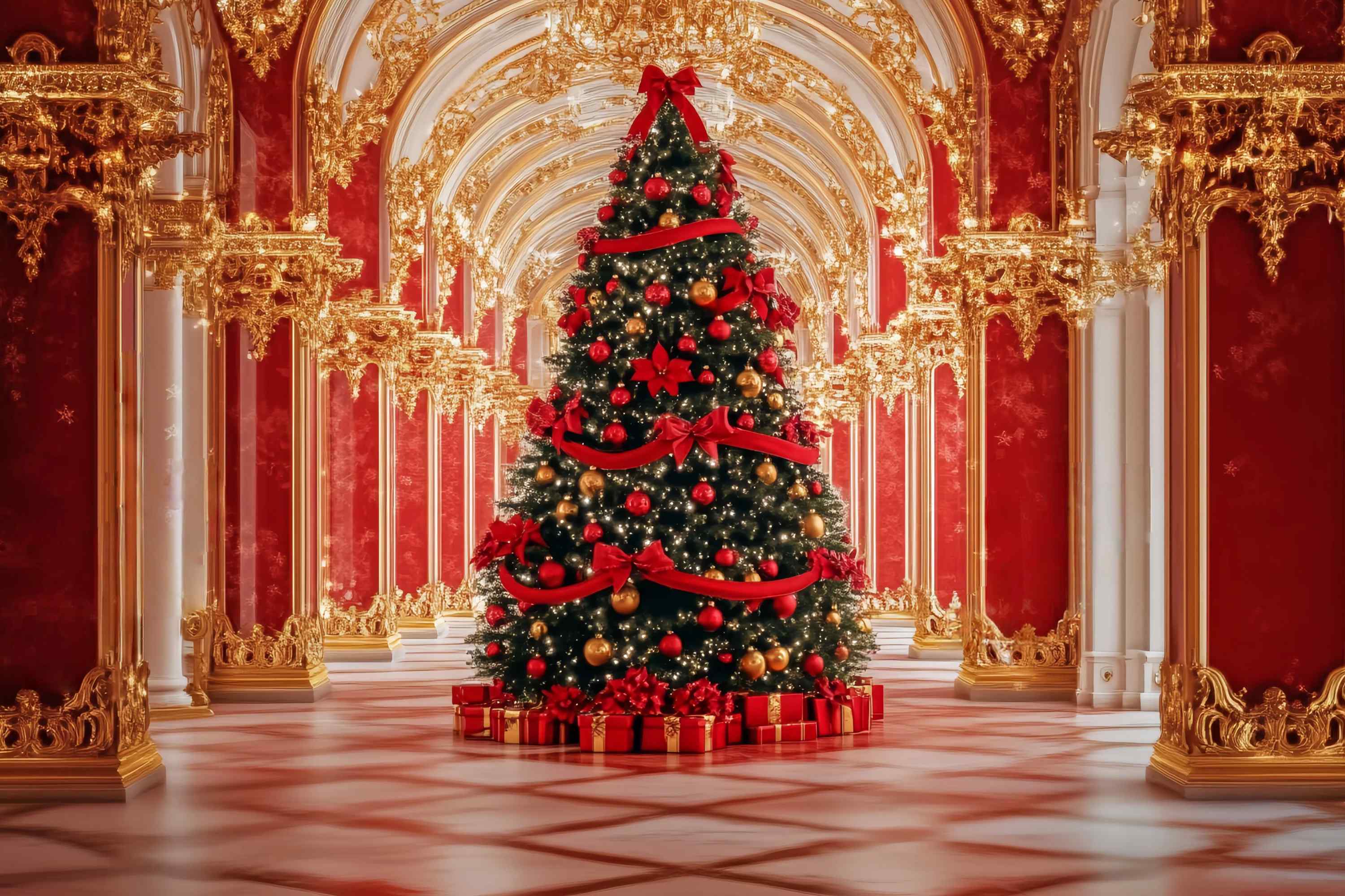 Red Christmas Backdrop Opulent Palace Christmas Tree Display Christmas Backdrops 10x10 TWW58-91