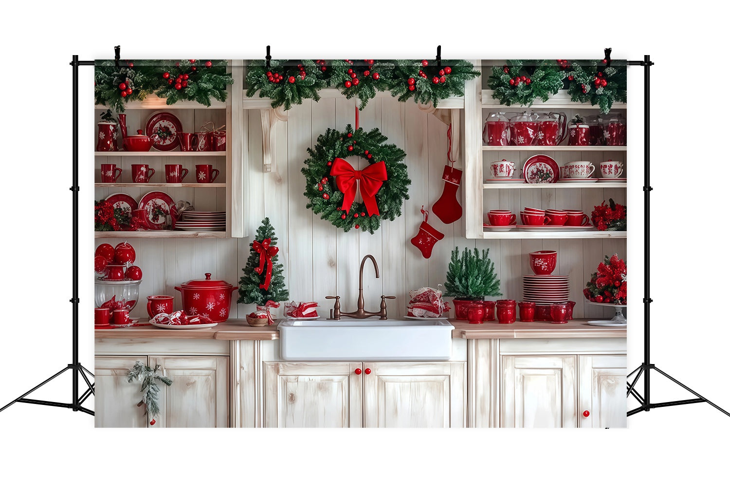 Christmas Kitchen Backdrop Festive Kitchen Wreath Red Tableware Christmas Backdrops for Photography TWW58-92