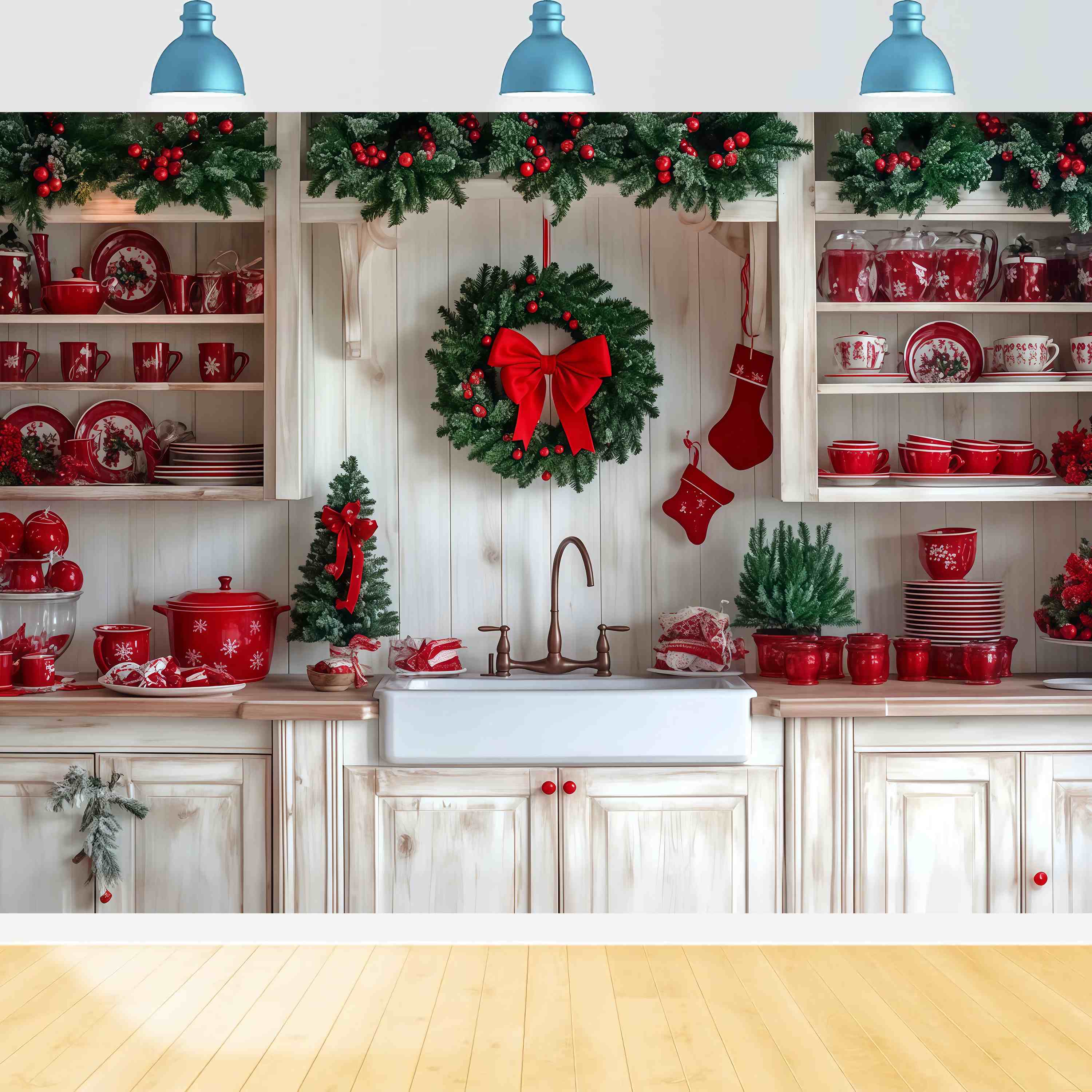 Christmas Kitchen Backdrop Festive Kitchen Wreath Red Tableware Christmas Backdrops for Photography TWW58-92