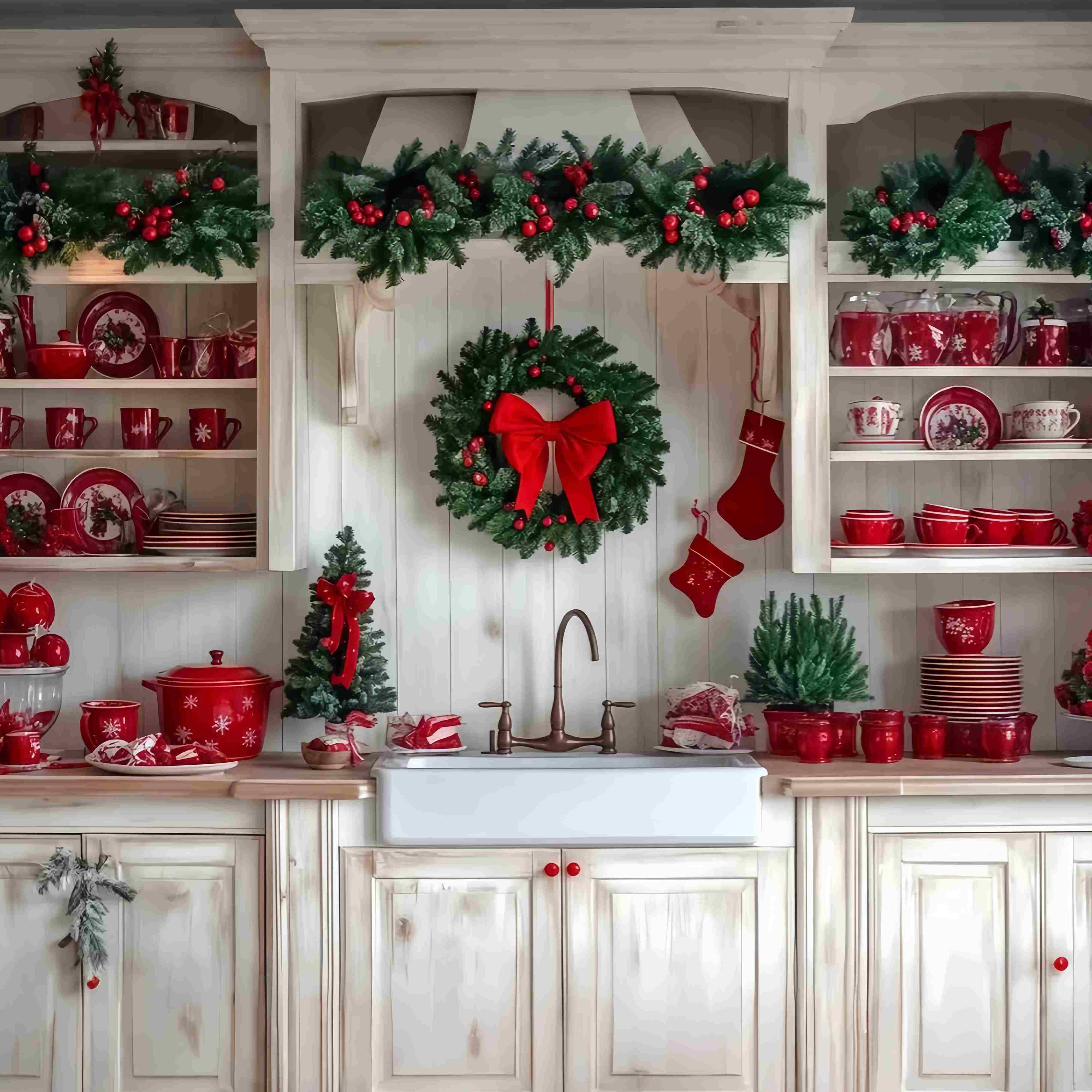 Christmas Kitchen Backdrop Festive Kitchen Wreath Red Tableware Christmas Backdrops for Photography TWW58-92