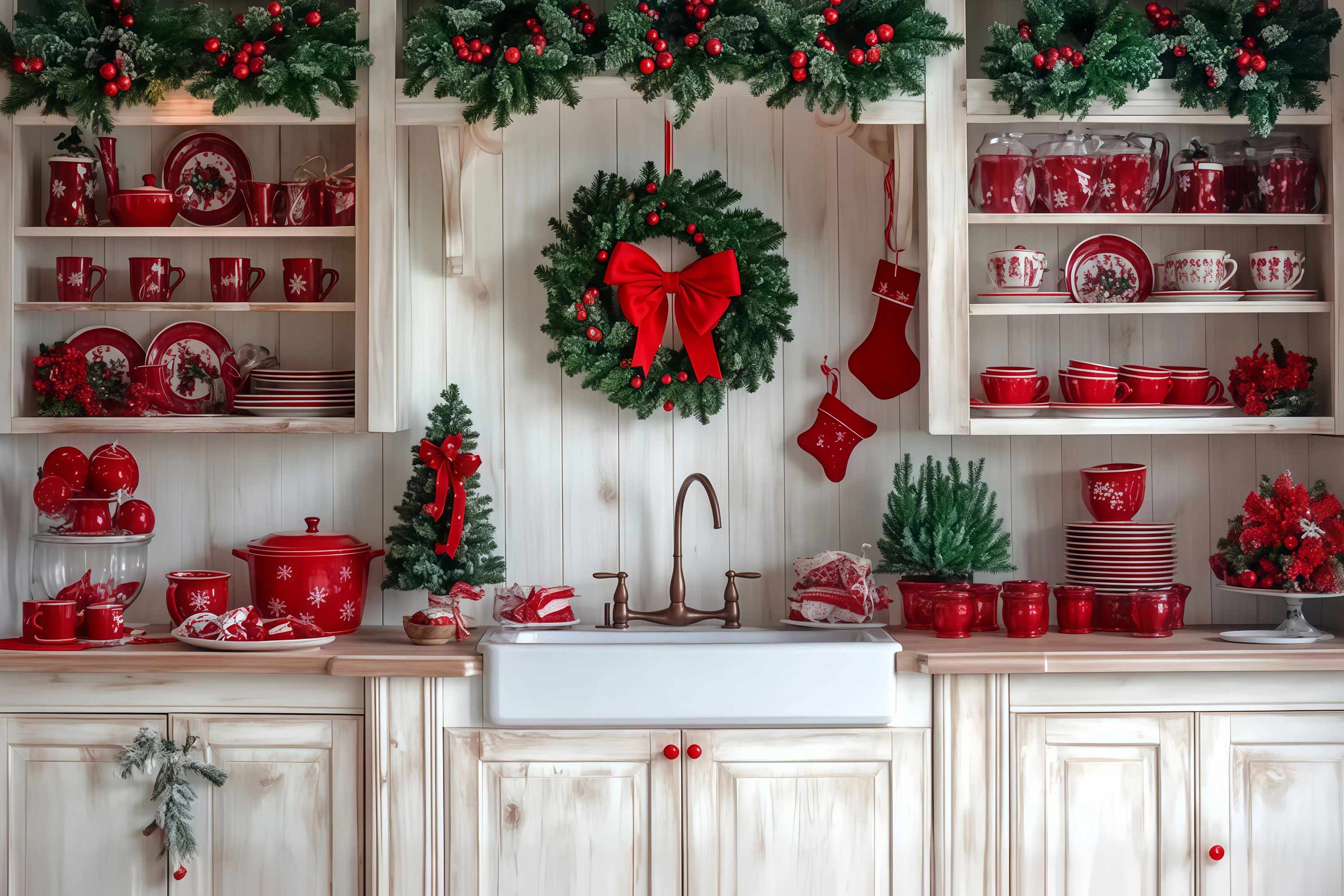 Christmas Kitchen Backdrop Festive Kitchen Wreath Red Tableware Christmas Backdrops for Photography TWW58-92