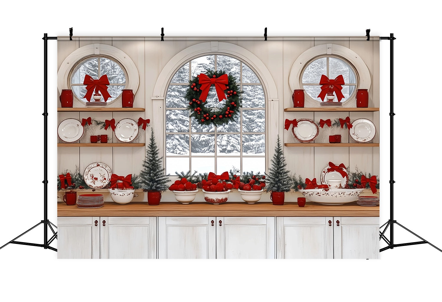 Christmas Kitchen Backdrop Snowy Window Kitchen Red Bow Decor Christmas Backdrops for Photos TWW58-93