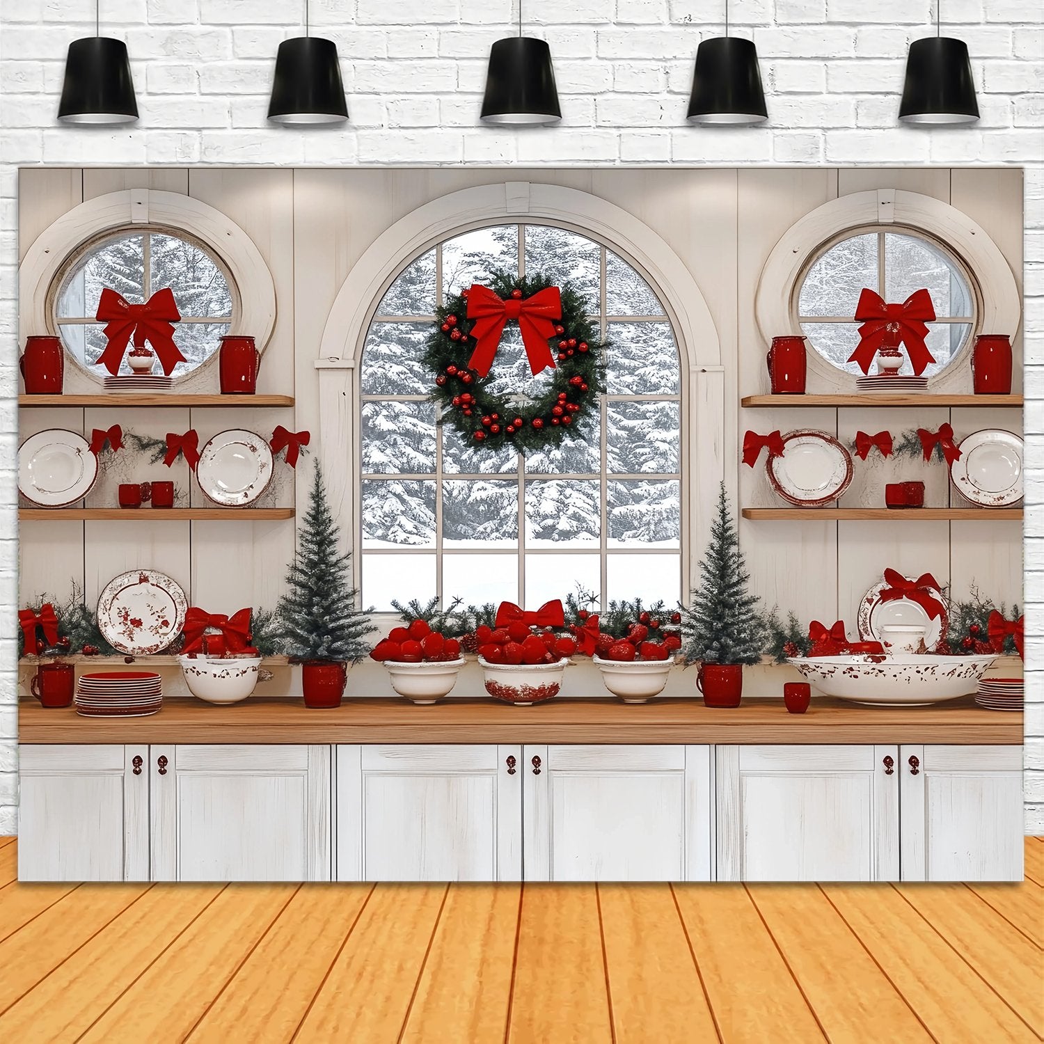 Christmas Kitchen Backdrop Snowy Window Kitchen Red Bow Decor Christmas Backdrops for Photos TWW58-93