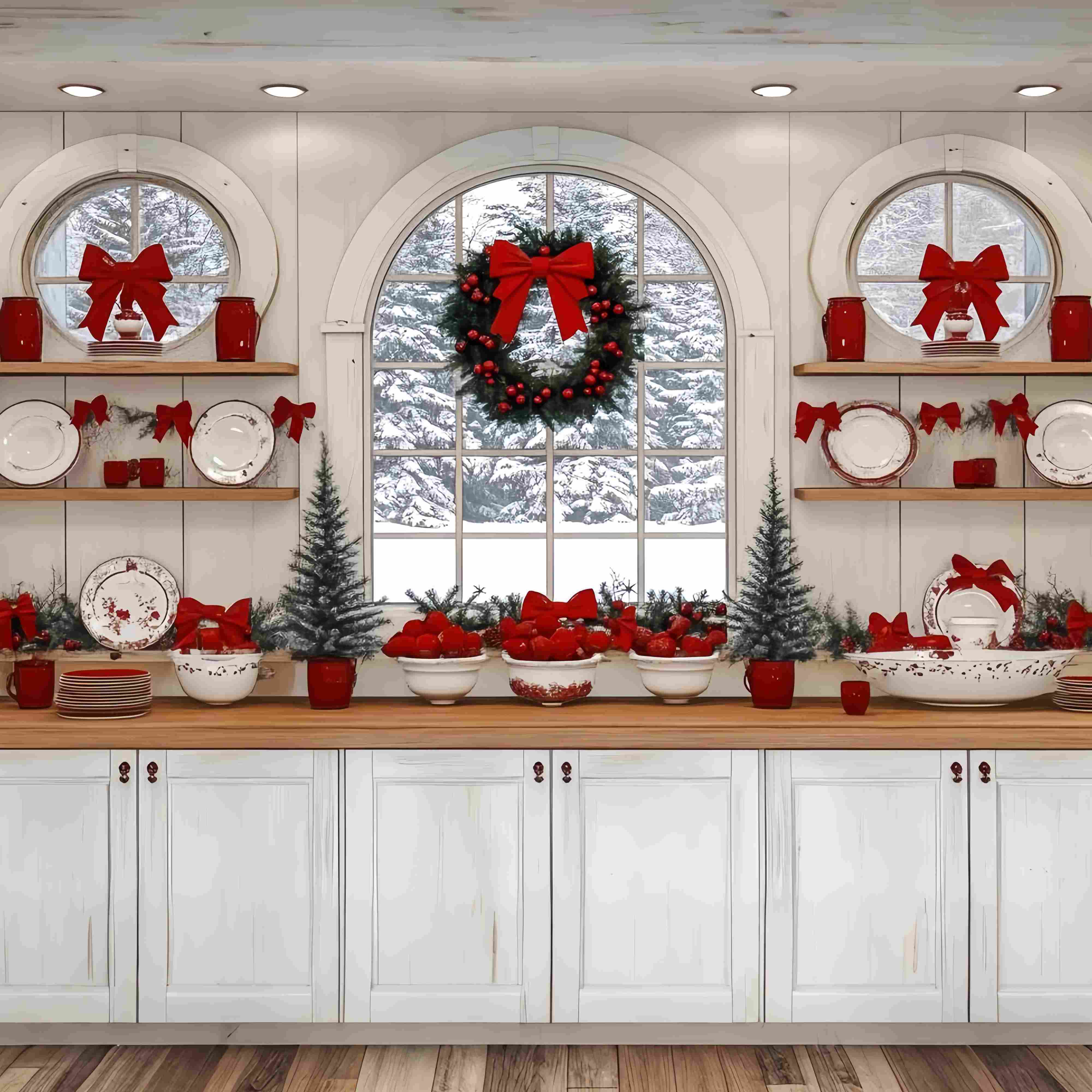 Christmas Kitchen Backdrop Snowy Window Kitchen Red Bow Decor Christmas Backdrops for Photos TWW58-93
