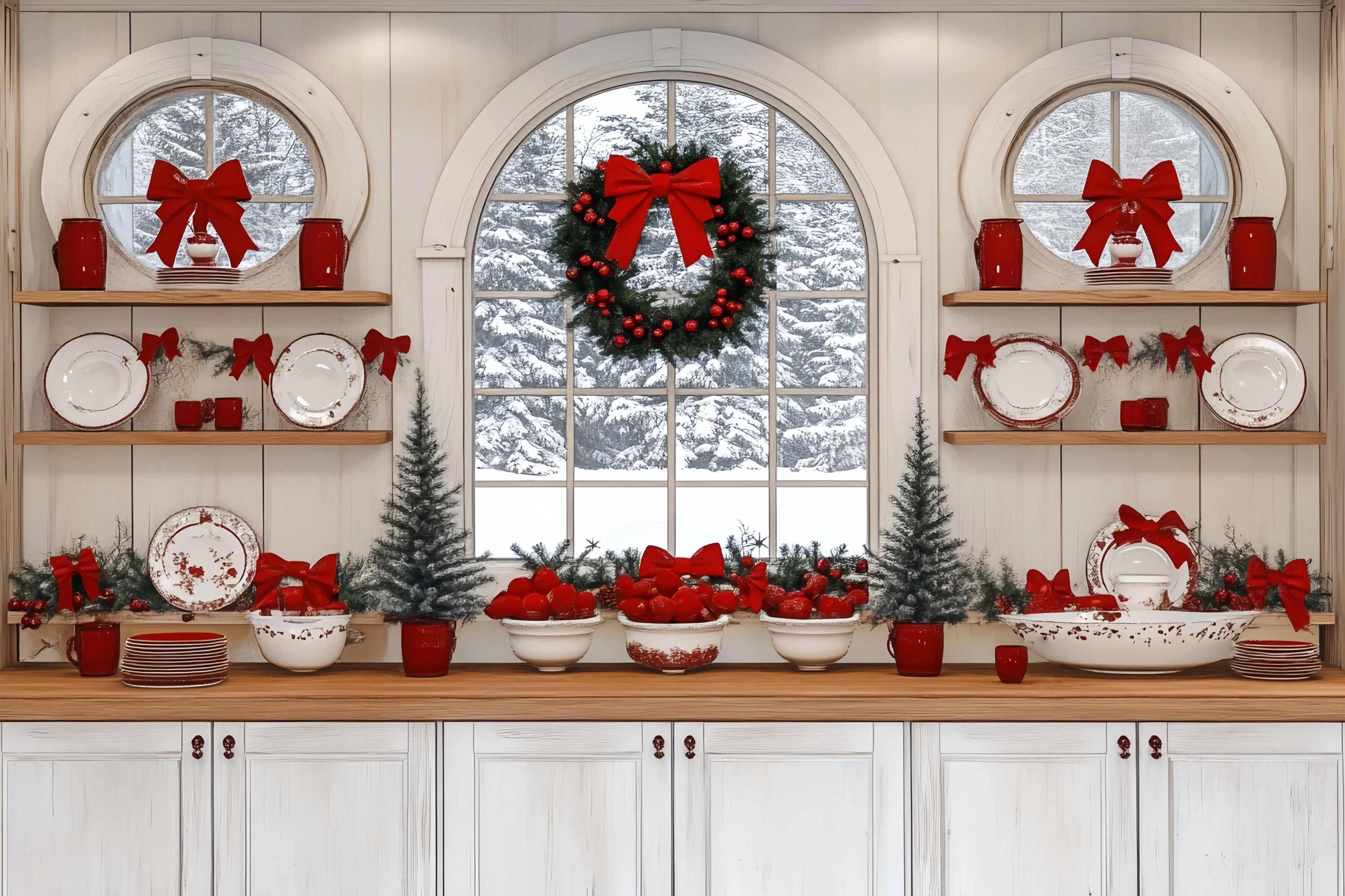 Christmas Kitchen Backdrop Snowy Window Kitchen Red Bow Decor Christmas Backdrops for Photos TWW58-93