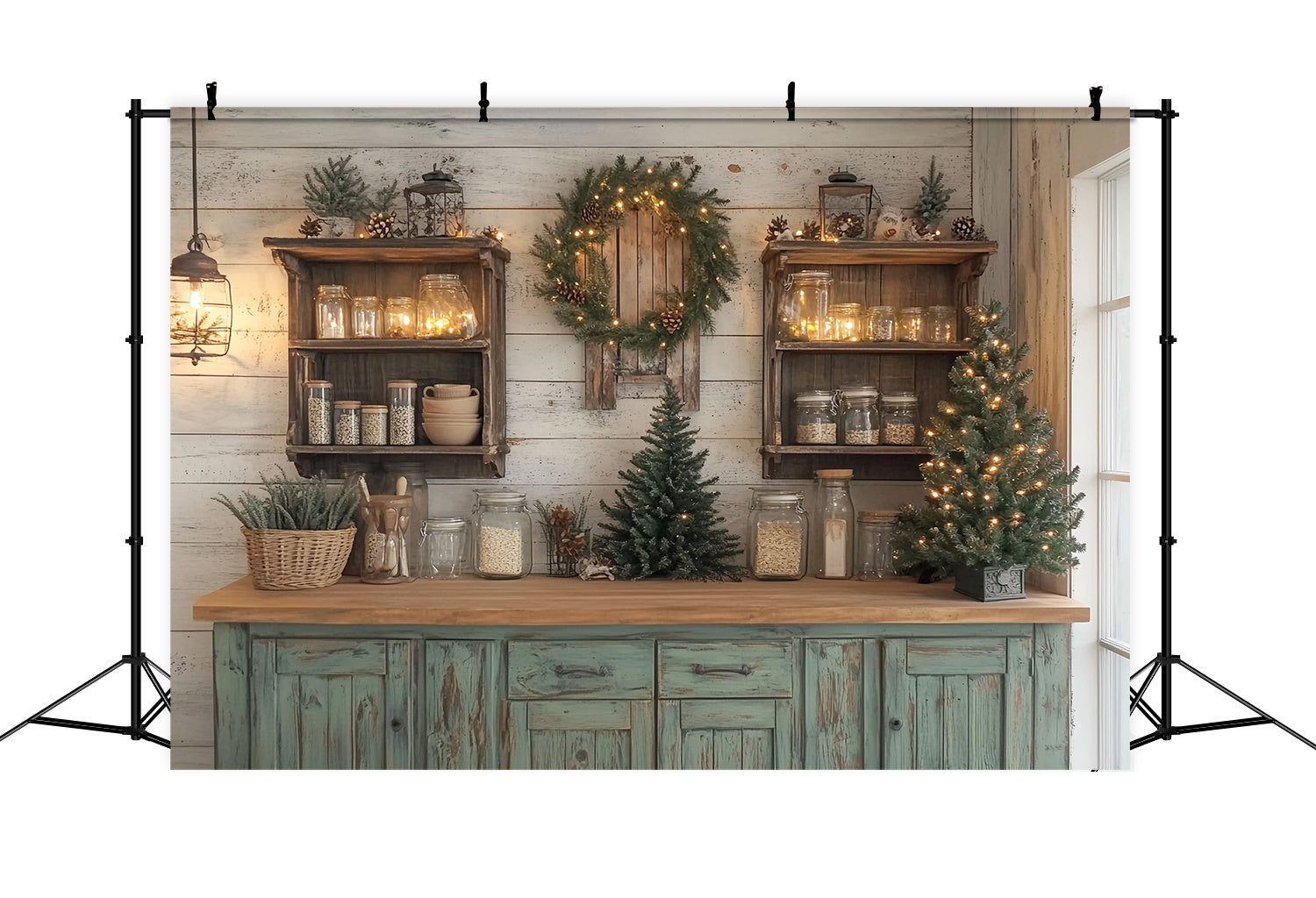 Christmas Kitchen Backdrop Rustic Kitchen Shelves Pine Garland Glow Christmas Photo Backdrops TWW58-94