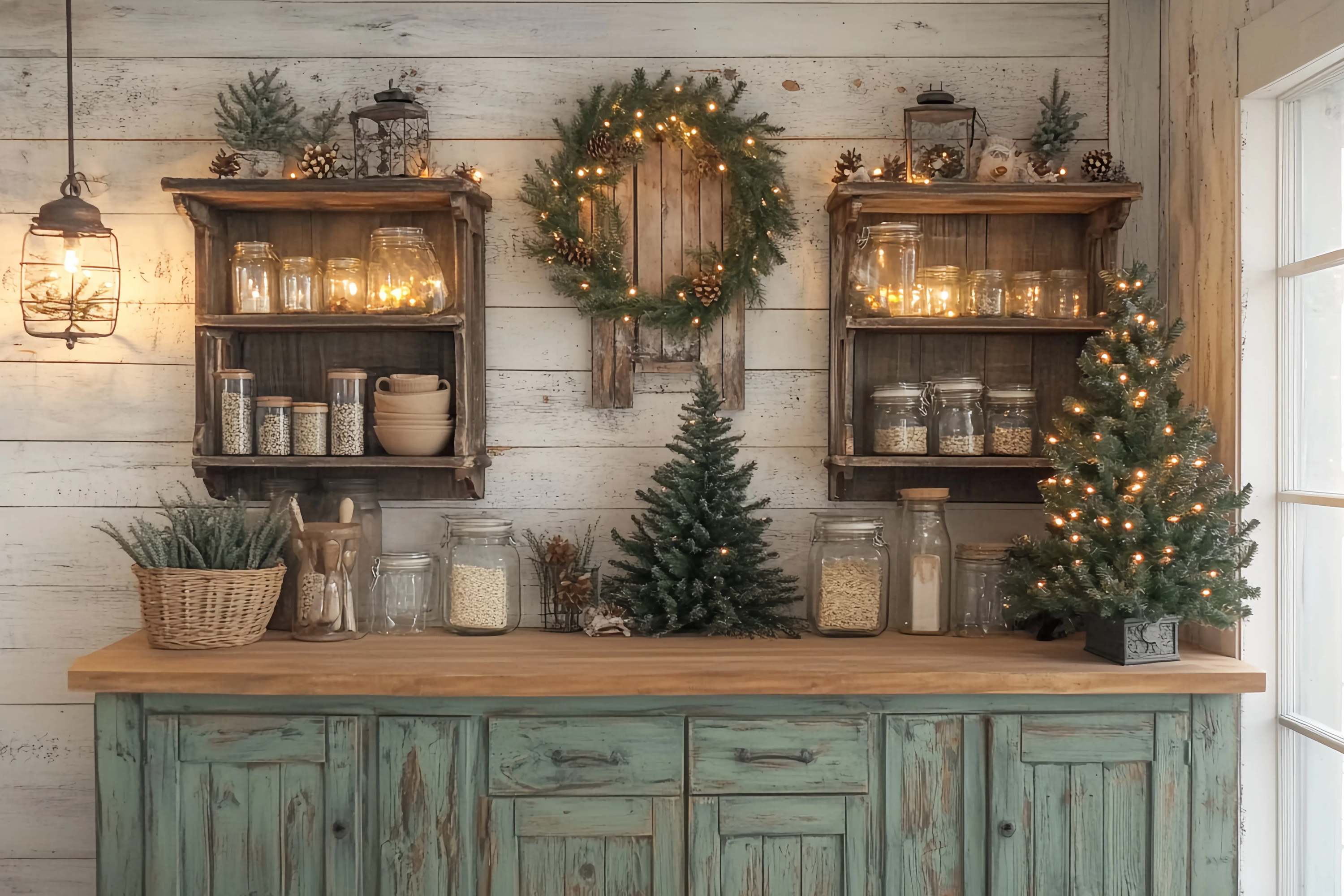 Christmas Kitchen Backdrop Rustic Kitchen Shelves Pine Garland Glow Christmas Photo Backdrops TWW58-94