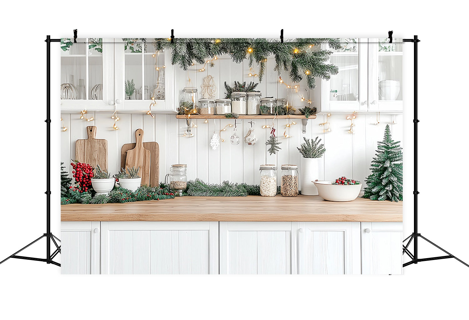 Christmas Kitchen Backdrop White Kitchen Counter Evergreen Garland Glow Christmas Backdrops for Photos TWW58-95
