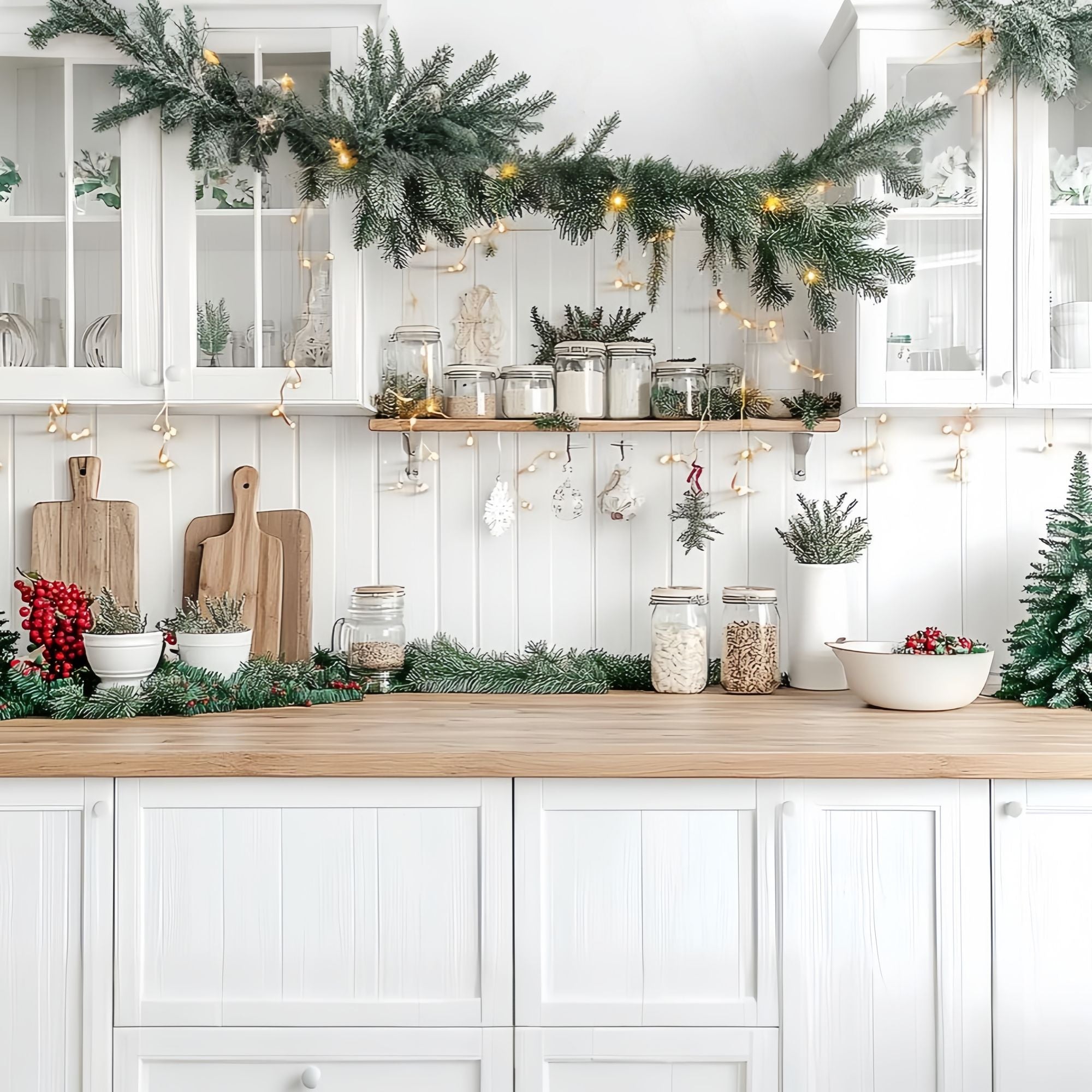 Christmas Kitchen Backdrop White Kitchen Counter Evergreen Garland Glow Christmas Backdrops for Photos TWW58-95