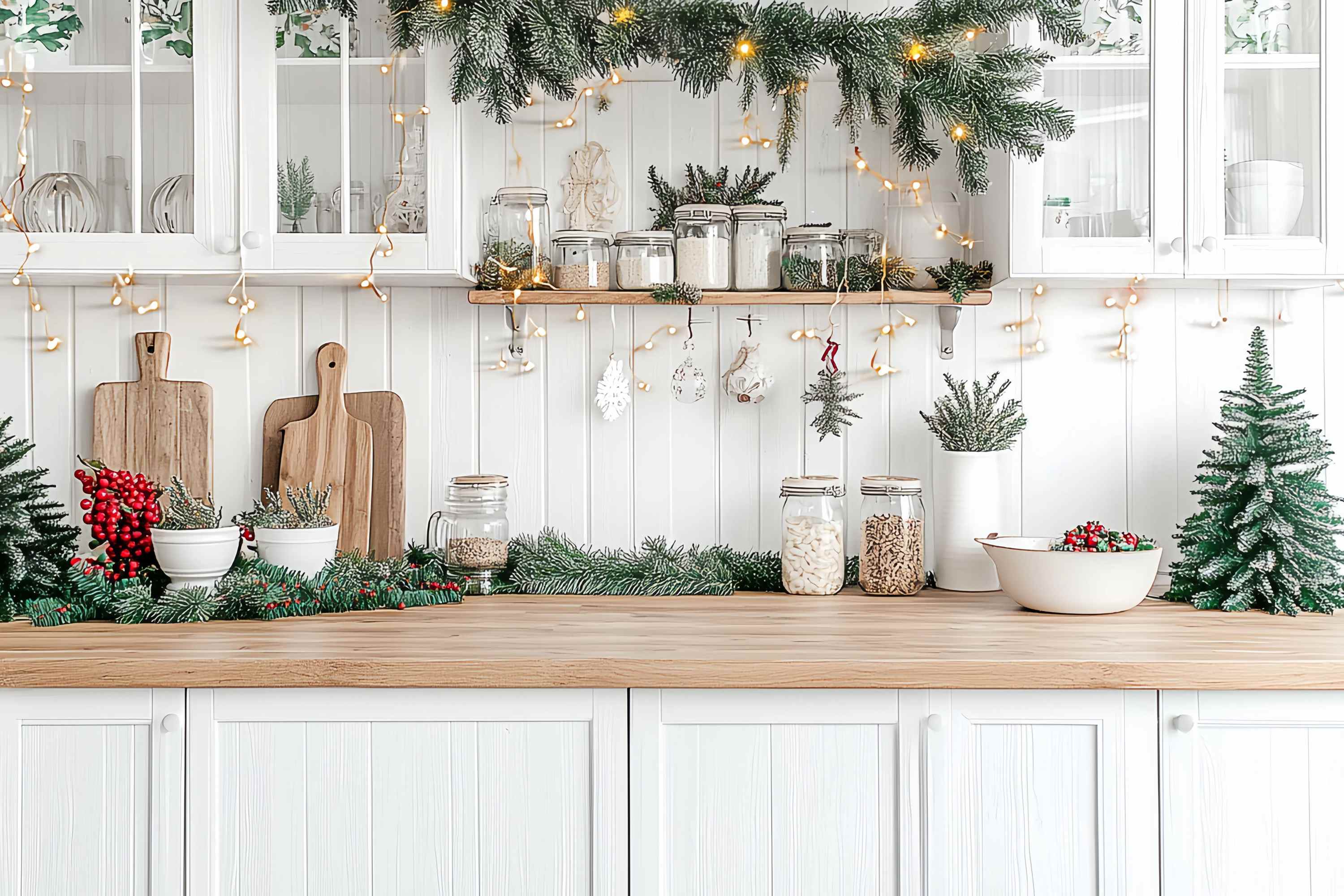 Christmas Kitchen Backdrop White Kitchen Counter Evergreen Garland Glow Christmas Backdrops for Photos TWW58-95