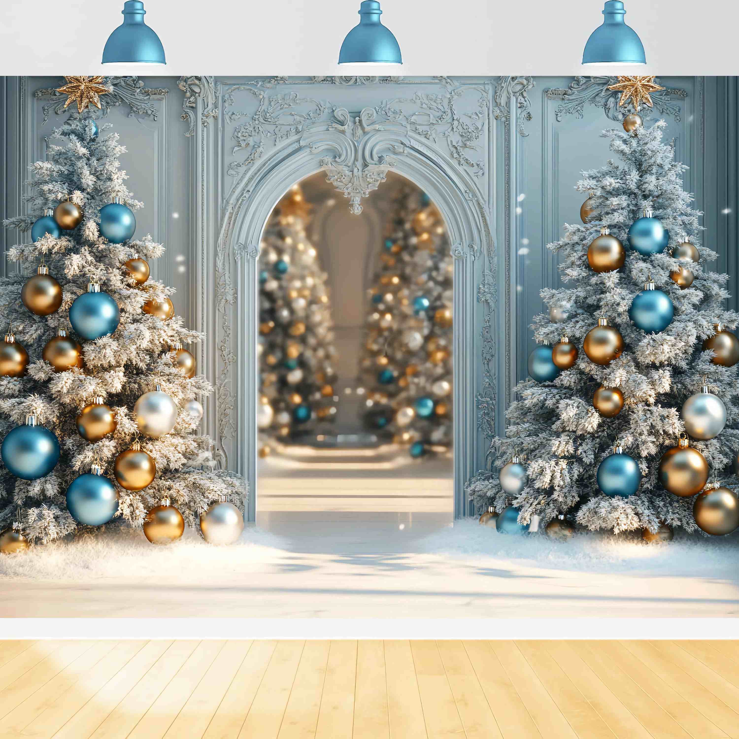 Christmas Tree Backdrop Frosted Blue Gold Ornament Trees Christmas Backdrops 10x10 TWW58-96