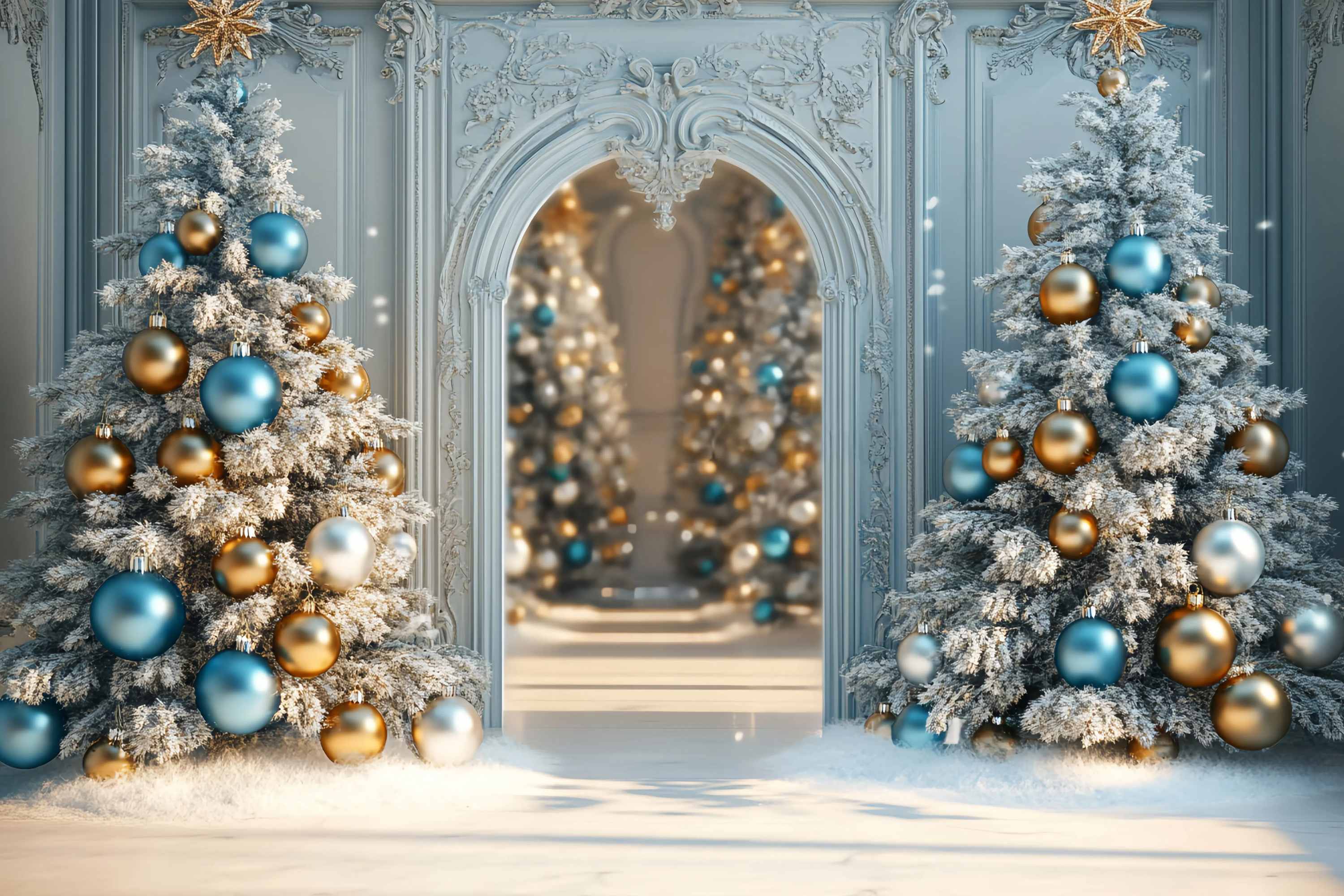 Christmas Tree Backdrop Frosted Blue Gold Ornament Trees Christmas Backdrops 10x10 TWW58-96