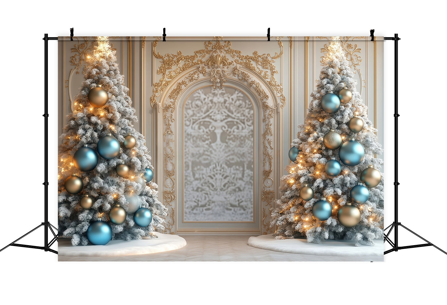 Christmas Tree Backdrop Golden Trim Frosted Trees Archway Christmas Backdrops for Photography TWW58-97