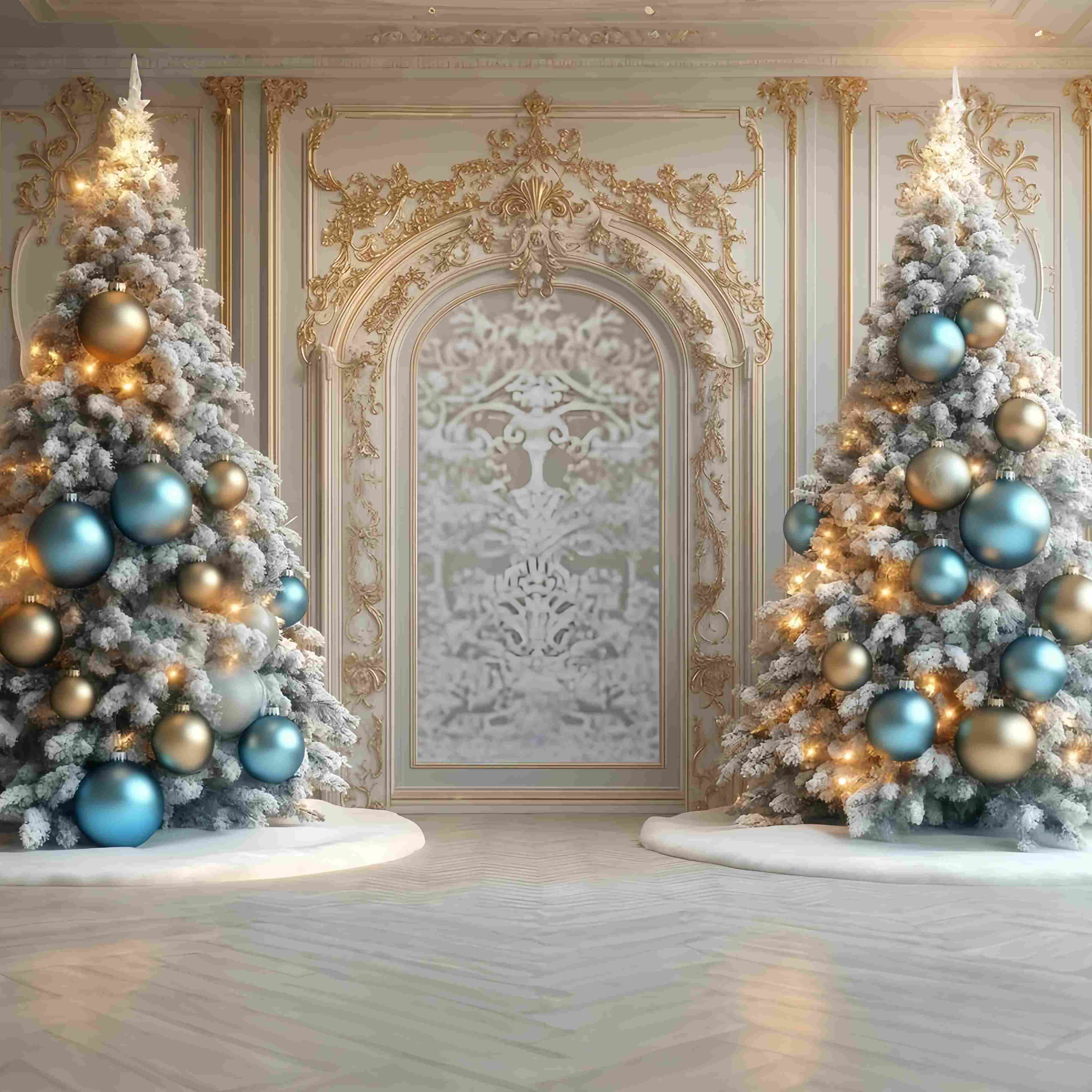 Christmas Tree Backdrop Golden Trim Frosted Trees Archway Christmas Backdrops for Photography TWW58-97