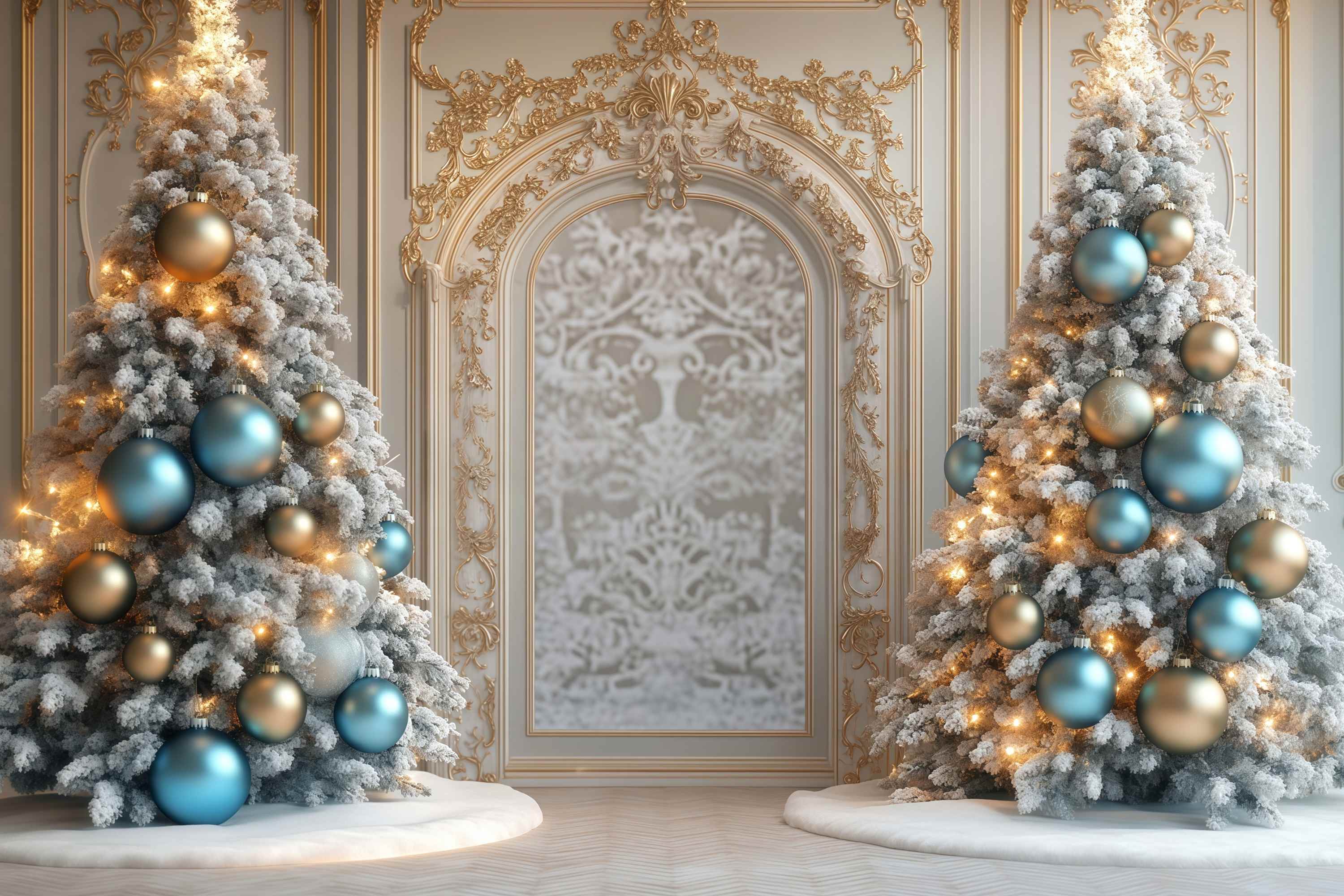 Christmas Tree Backdrop Golden Trim Frosted Trees Archway Christmas Backdrops for Photography TWW58-97