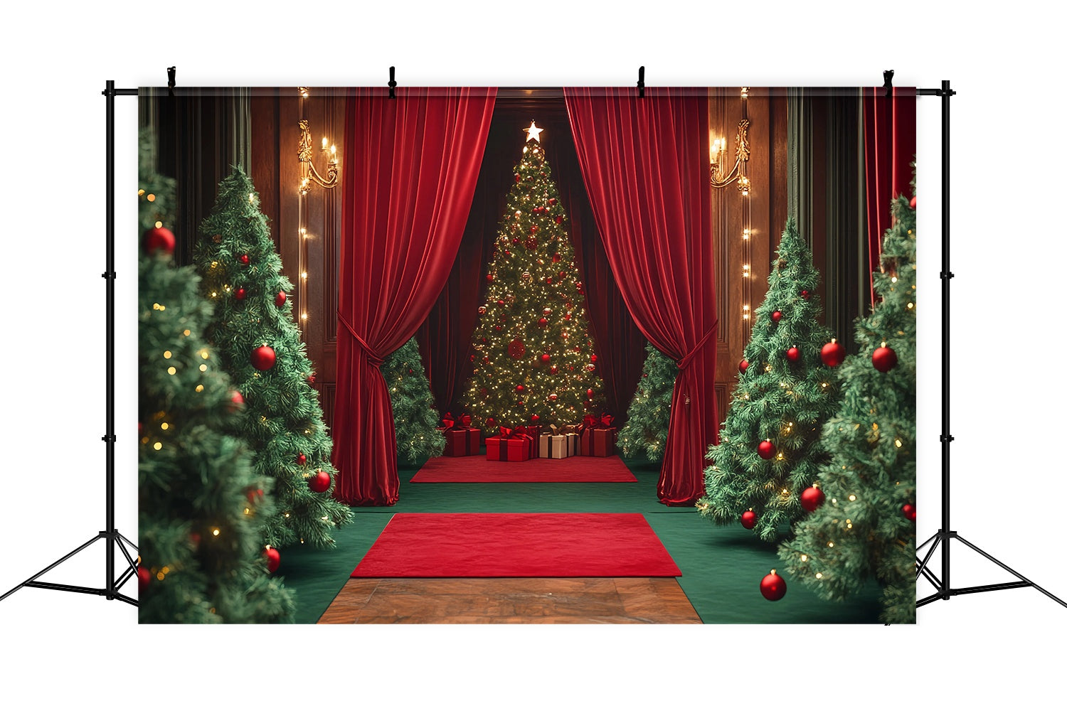 Christmas Tree Backdrop Velvet Curtain Red Ornament Trees Professional Christmas Backdrops TWW58-98