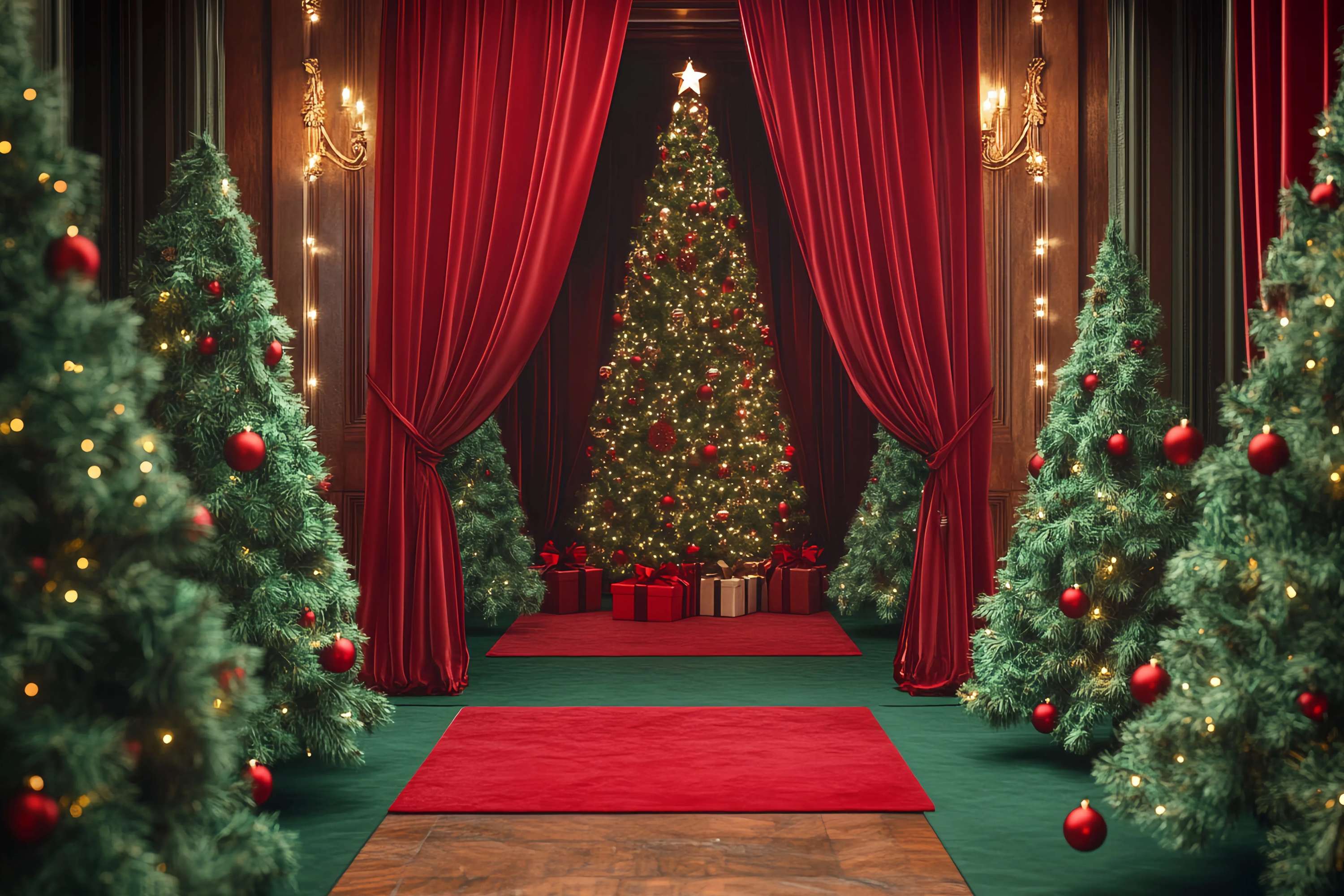 Christmas Tree Backdrop Velvet Curtain Red Ornament Trees Professional Christmas Backdrops TWW58-98