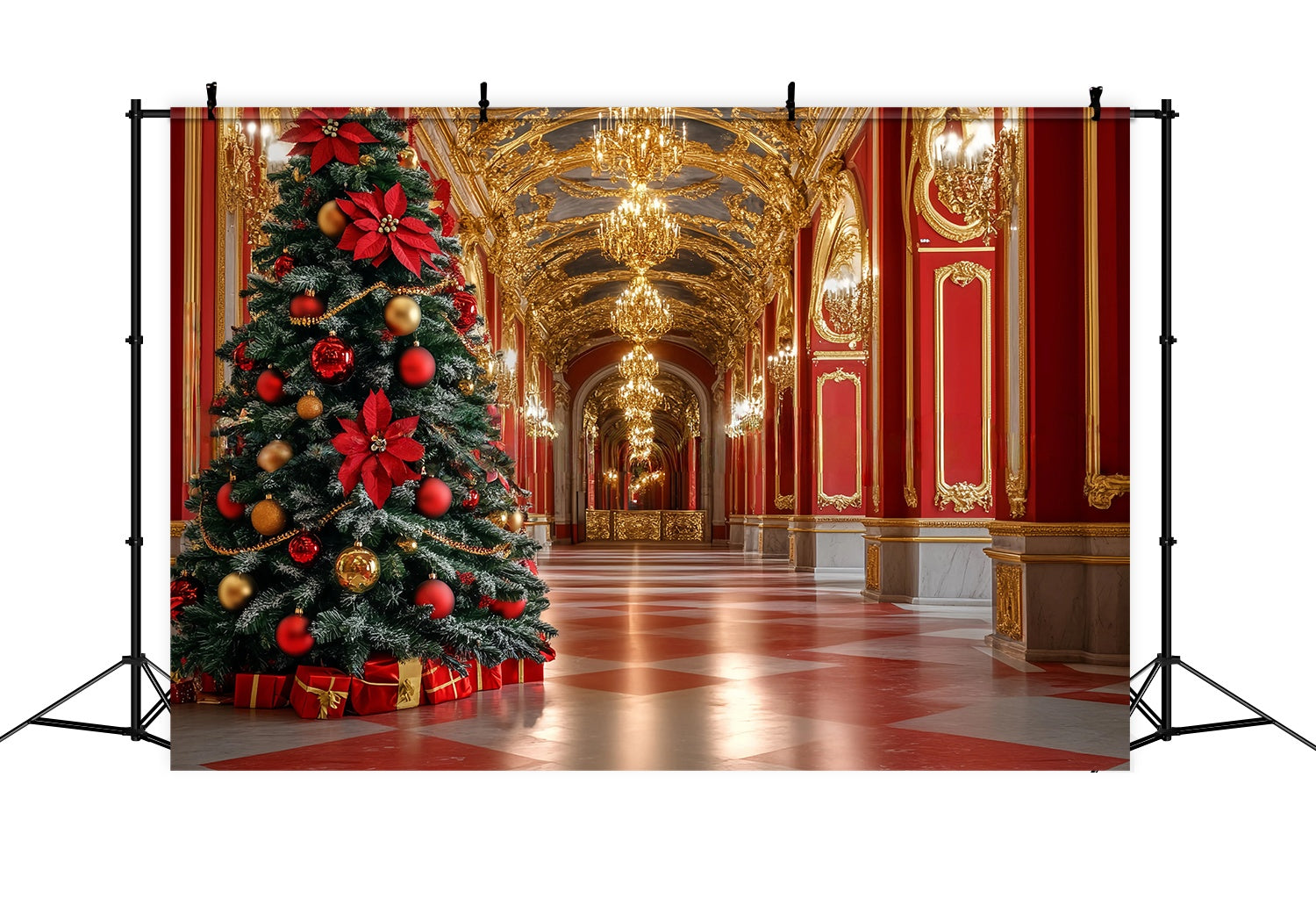 Red Christmas Backdrop Opulent Red Gold Grand Hall Tree Christmas Photo Backdrops TWW58-99