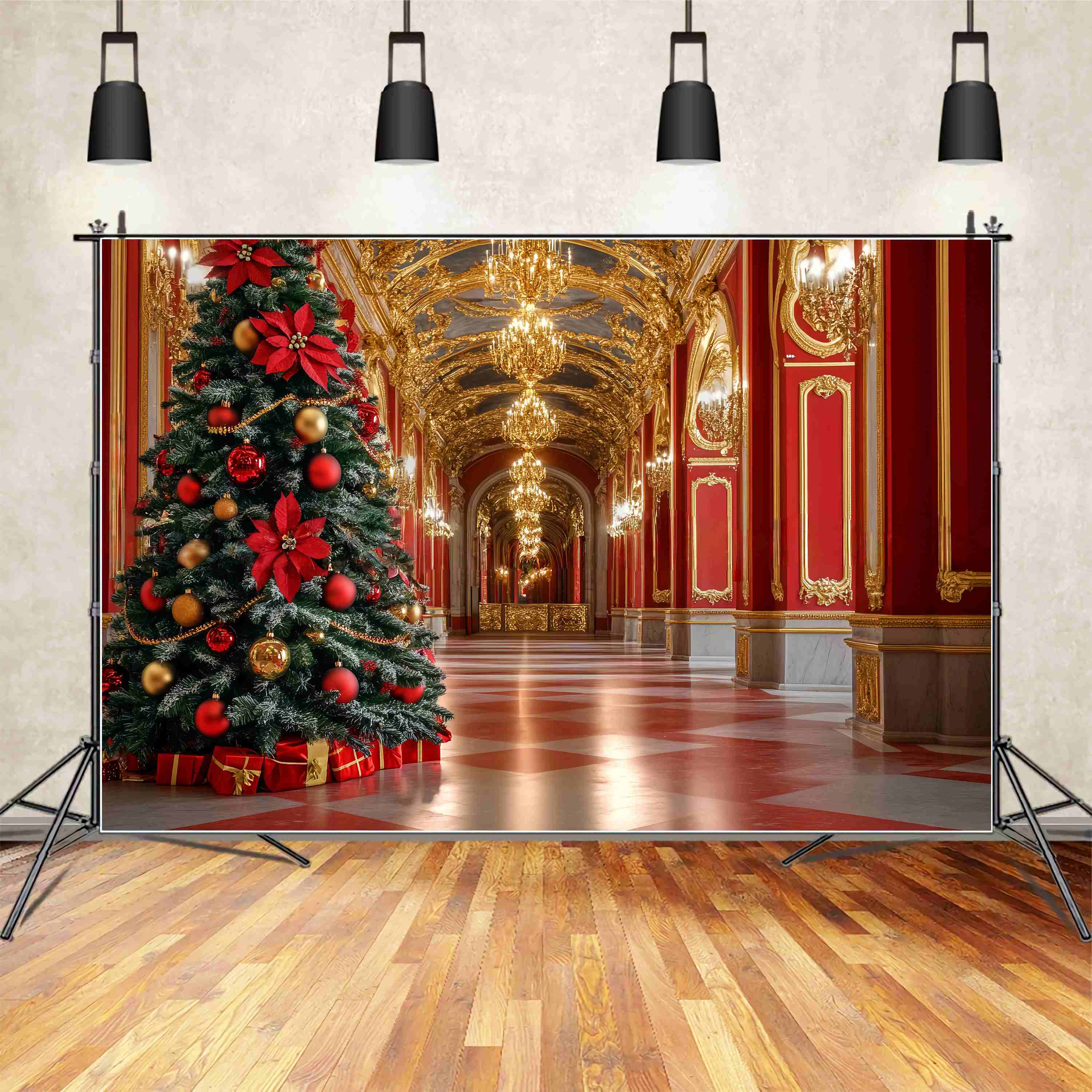 Red Christmas Backdrop Opulent Red Gold Grand Hall Tree Christmas Photo Backdrops TWW58-99