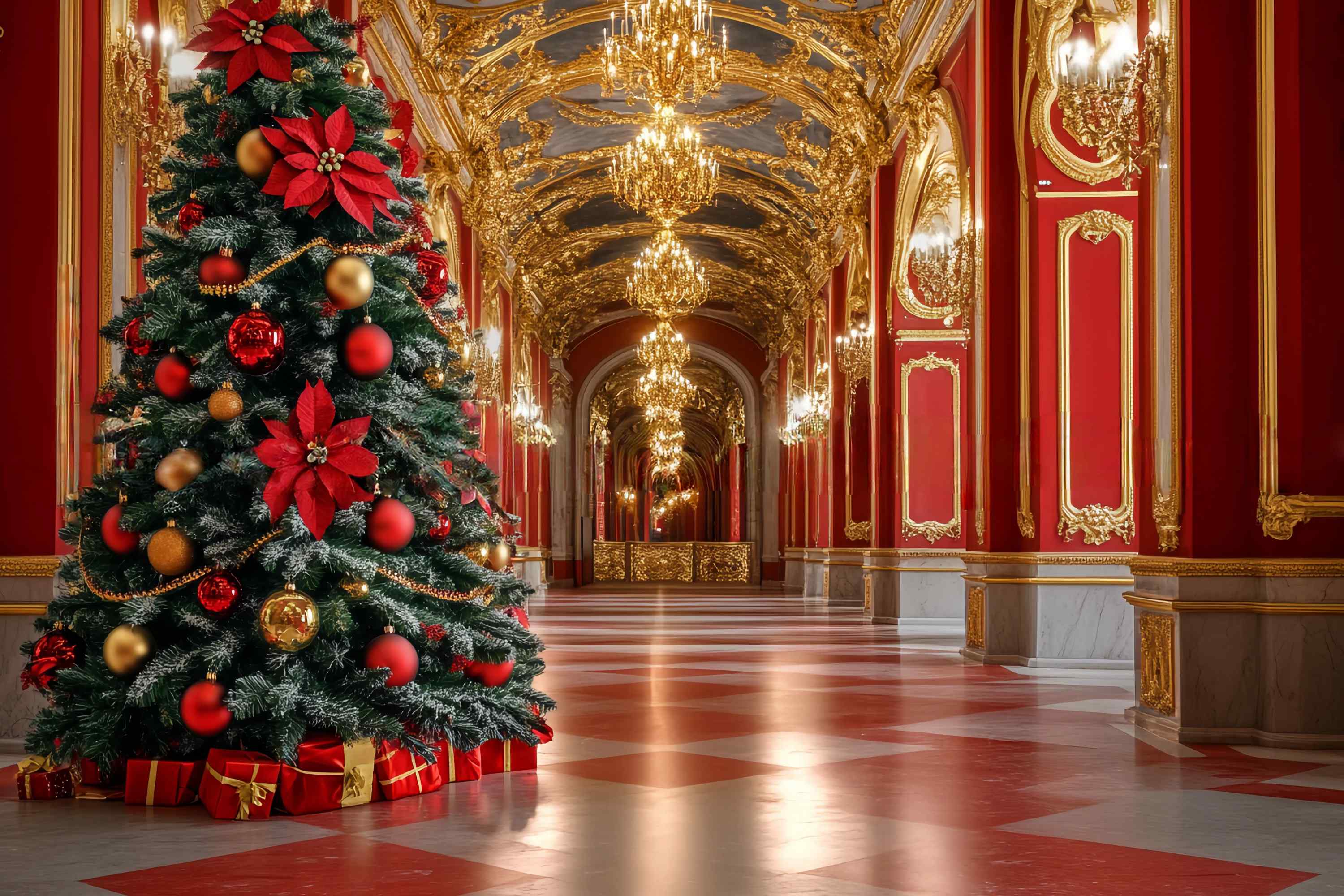 Red Christmas Backdrop Opulent Red Gold Grand Hall Tree Christmas Photo Backdrops TWW58-99