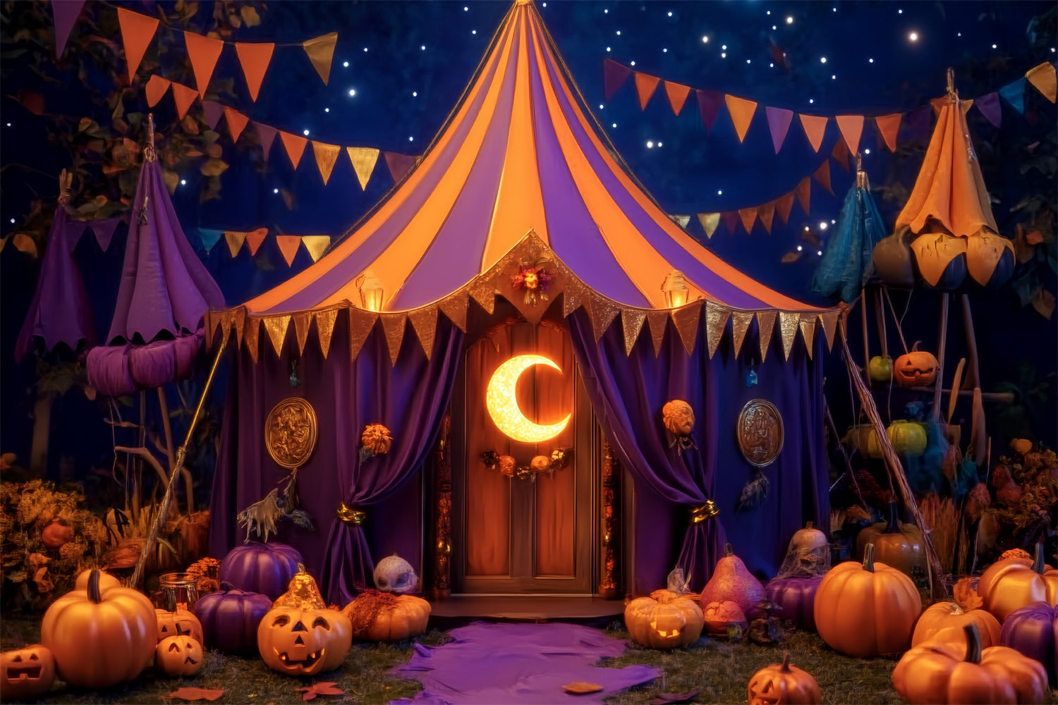 Halloween Circus Backdrop Pumpkin Crescent Moon Tent Circus Backdrop TWW59-1