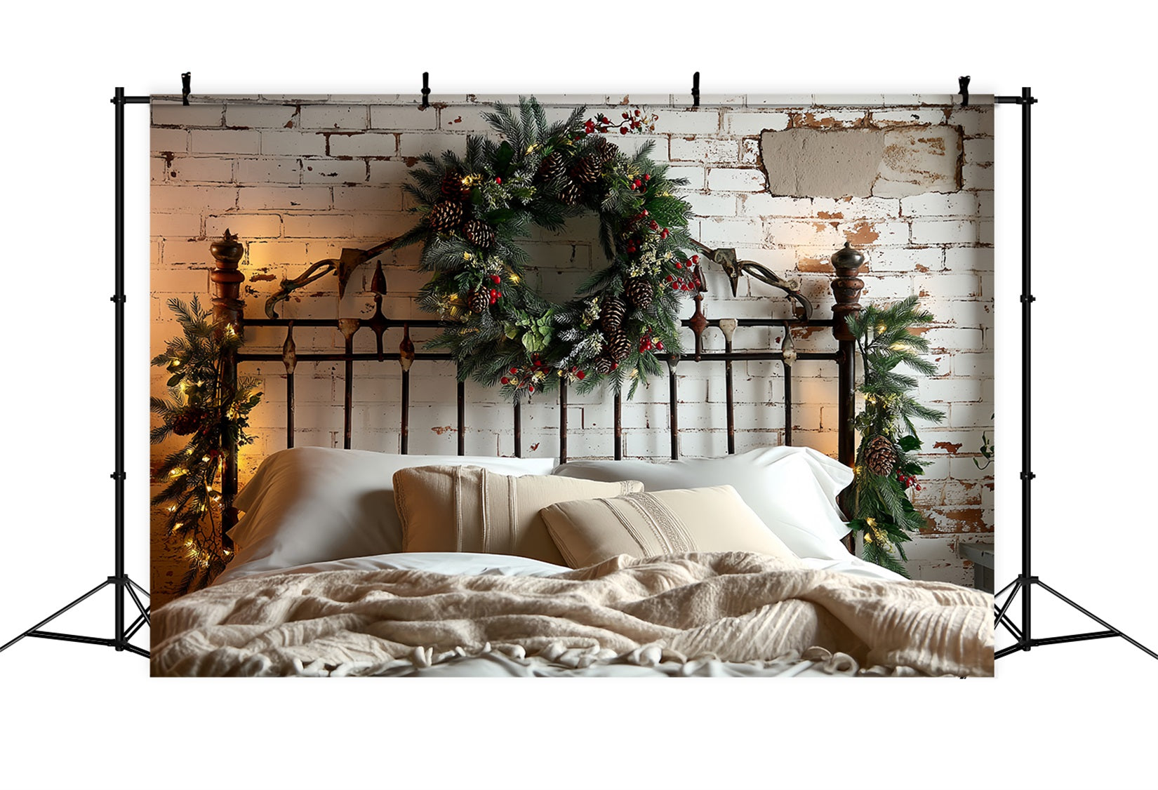 Headboard Backdrop Brick Wall Pinecone Wreath Christmas Photo Backdrop TWW59-102