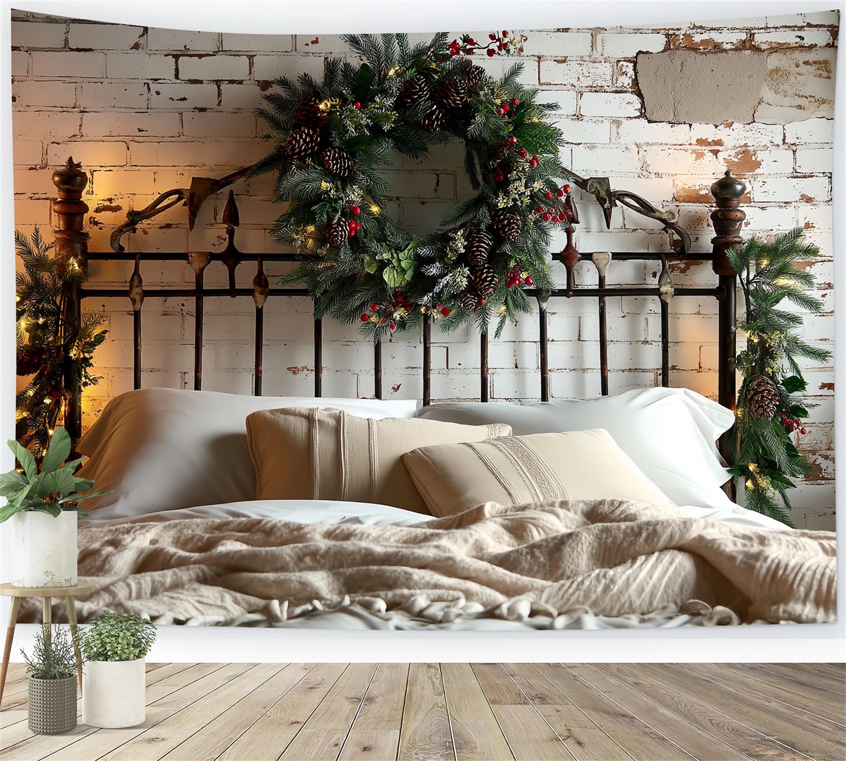 Headboard Backdrop Brick Wall Pinecone Wreath Christmas Photo Backdrop TWW59-102