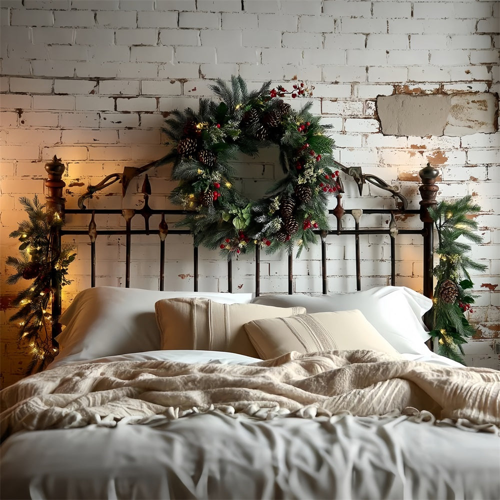 Headboard Backdrop Brick Wall Pinecone Wreath Christmas Photo Backdrop TWW59-102