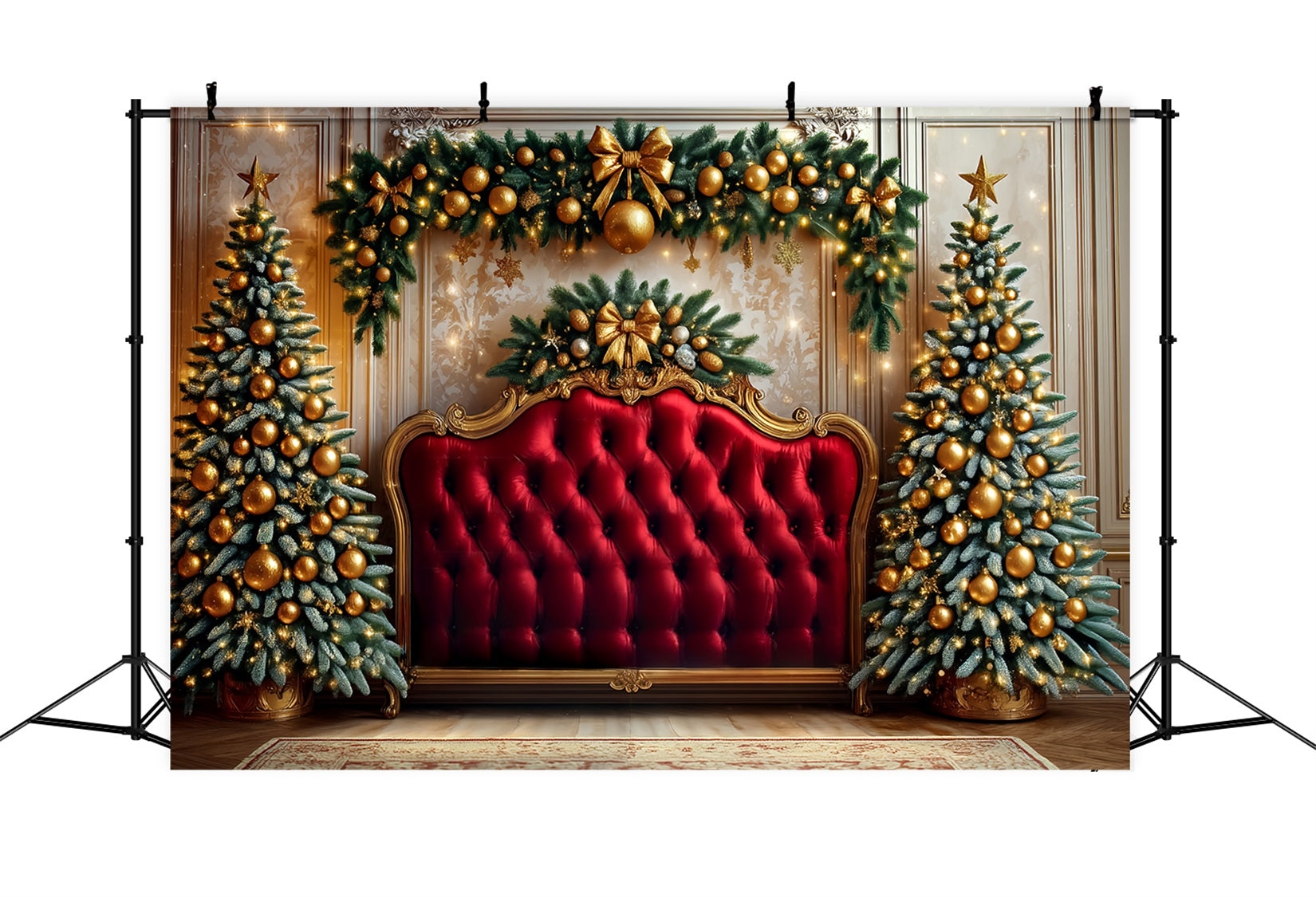 Headboard Backdrop Golden Ornaments Red Velvet Christmas Backdrop Ideas TWW59-104