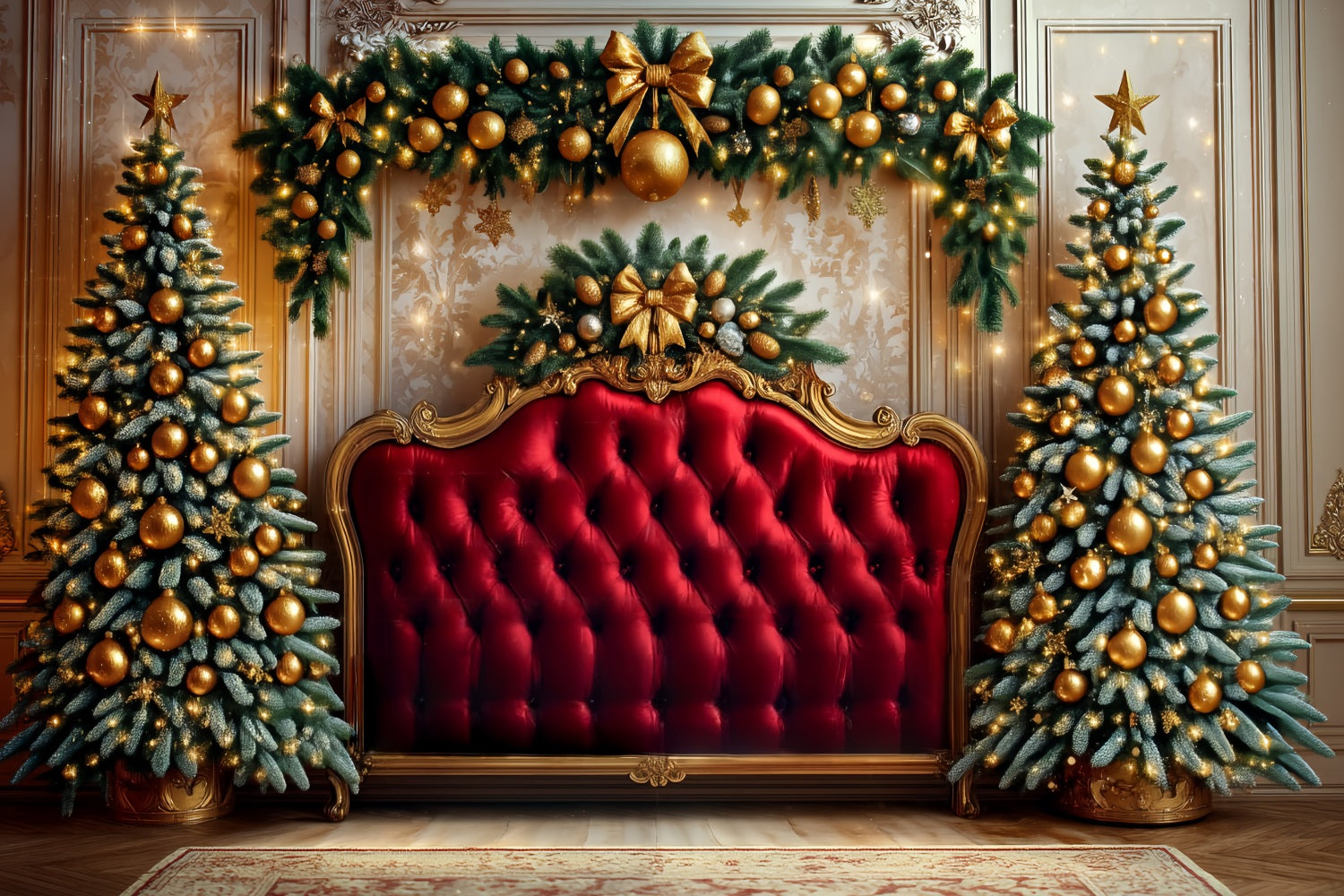 Headboard Backdrop Golden Ornaments Red Velvet Christmas Backdrop Ideas TWW59-104