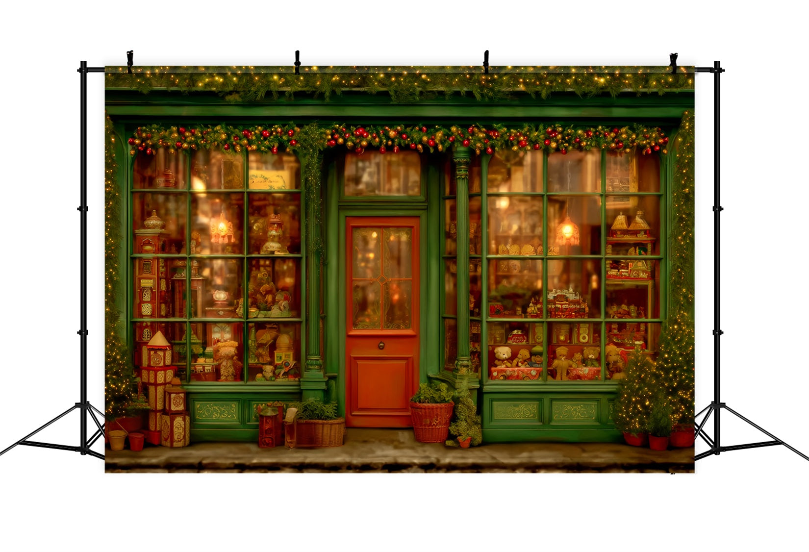 Toy Store Backdrop Vintage Green Window Toy Shop Christmas Backdrops TWW59-106
