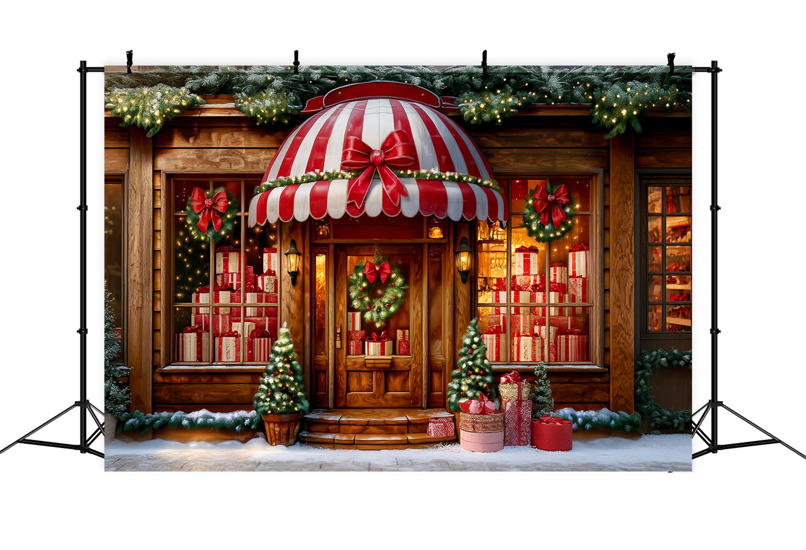 Toy Store Backdrop Striped Awning Gift Shopfront Christmas Backdrop Ideas TWW59-108