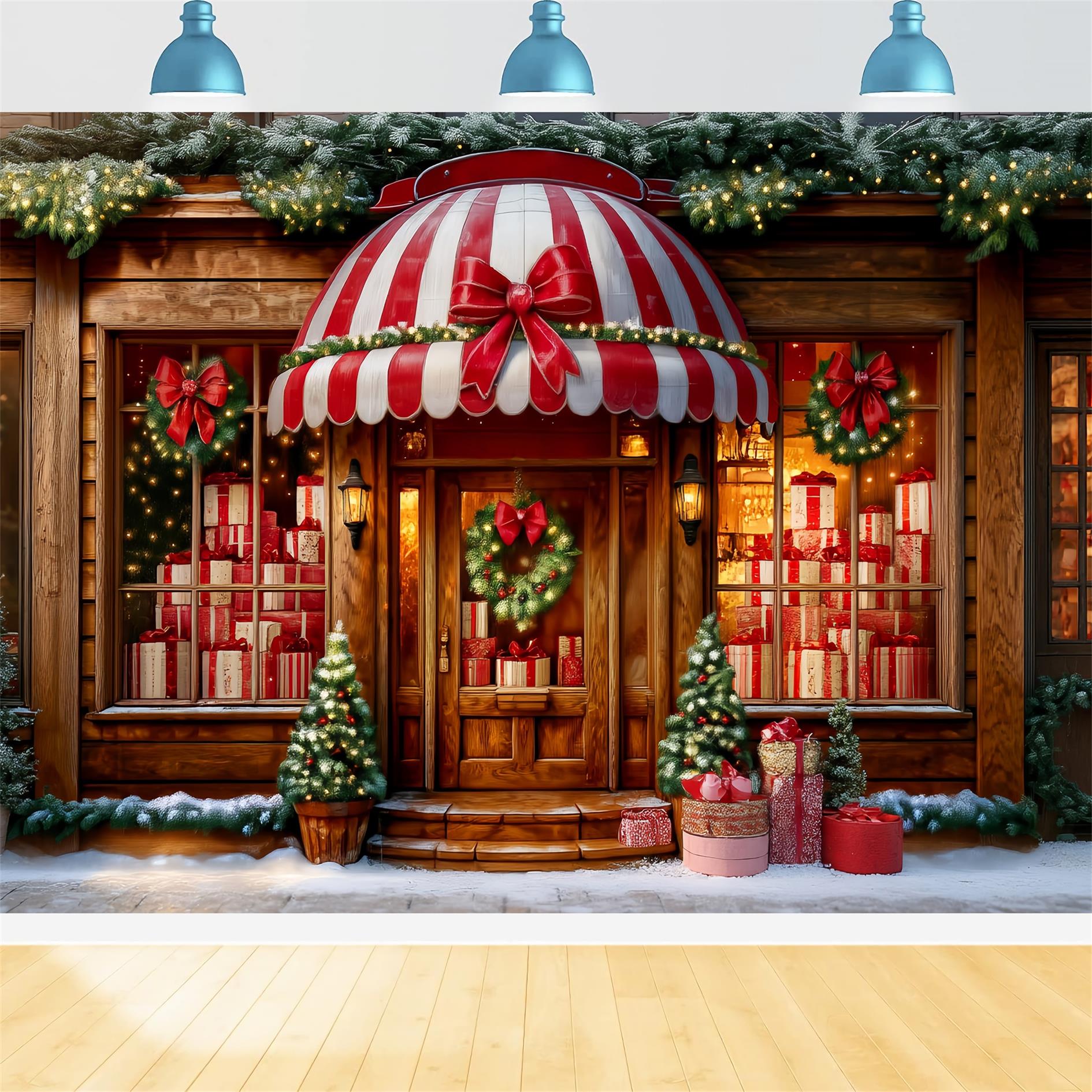 Toy Store Backdrop Striped Awning Gift Shopfront Christmas Backdrop Ideas TWW59-108