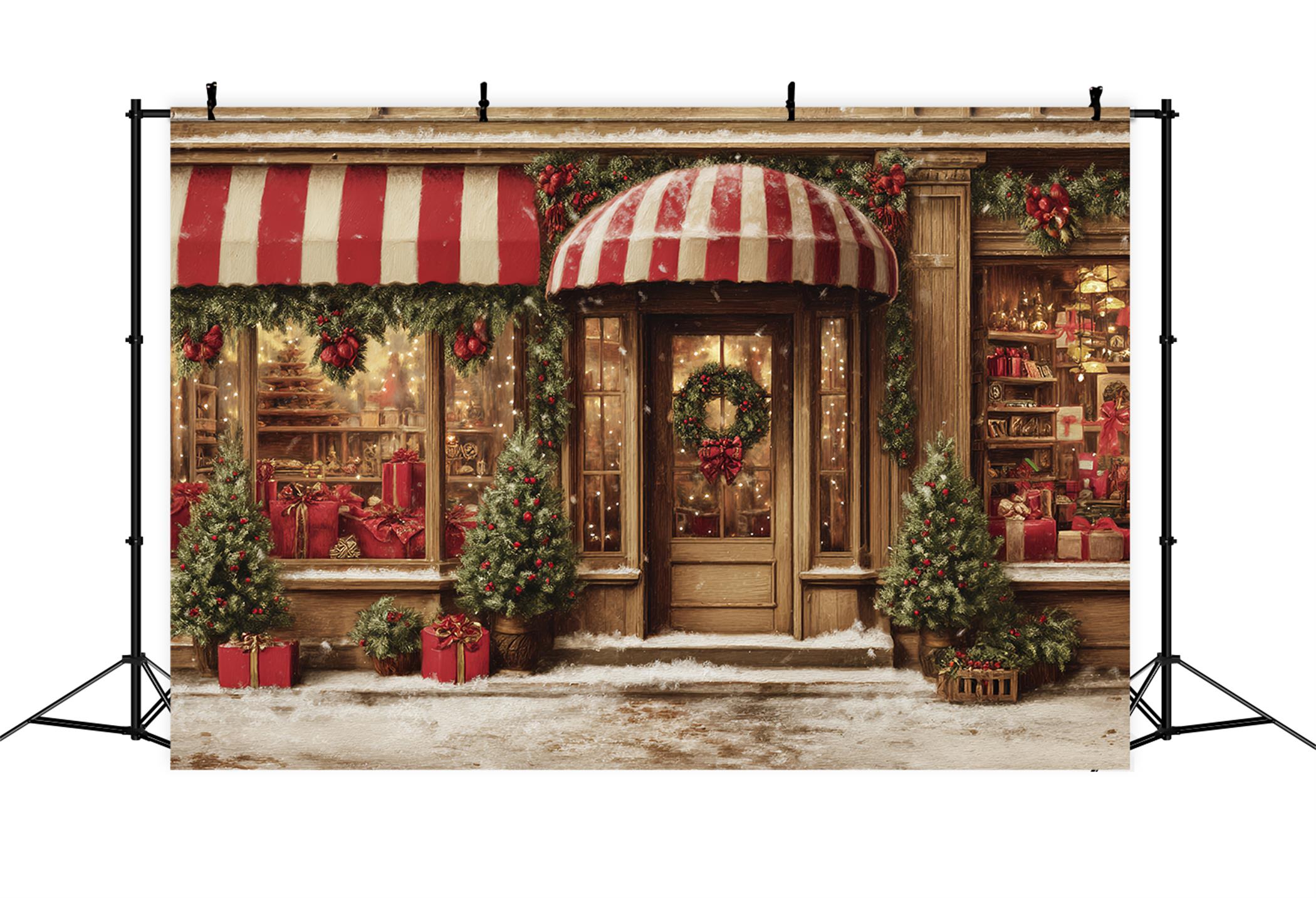 Toy Store Backdrop Candy Cane Gift Shopfront Christmas Photography Backdrops TWW59-109