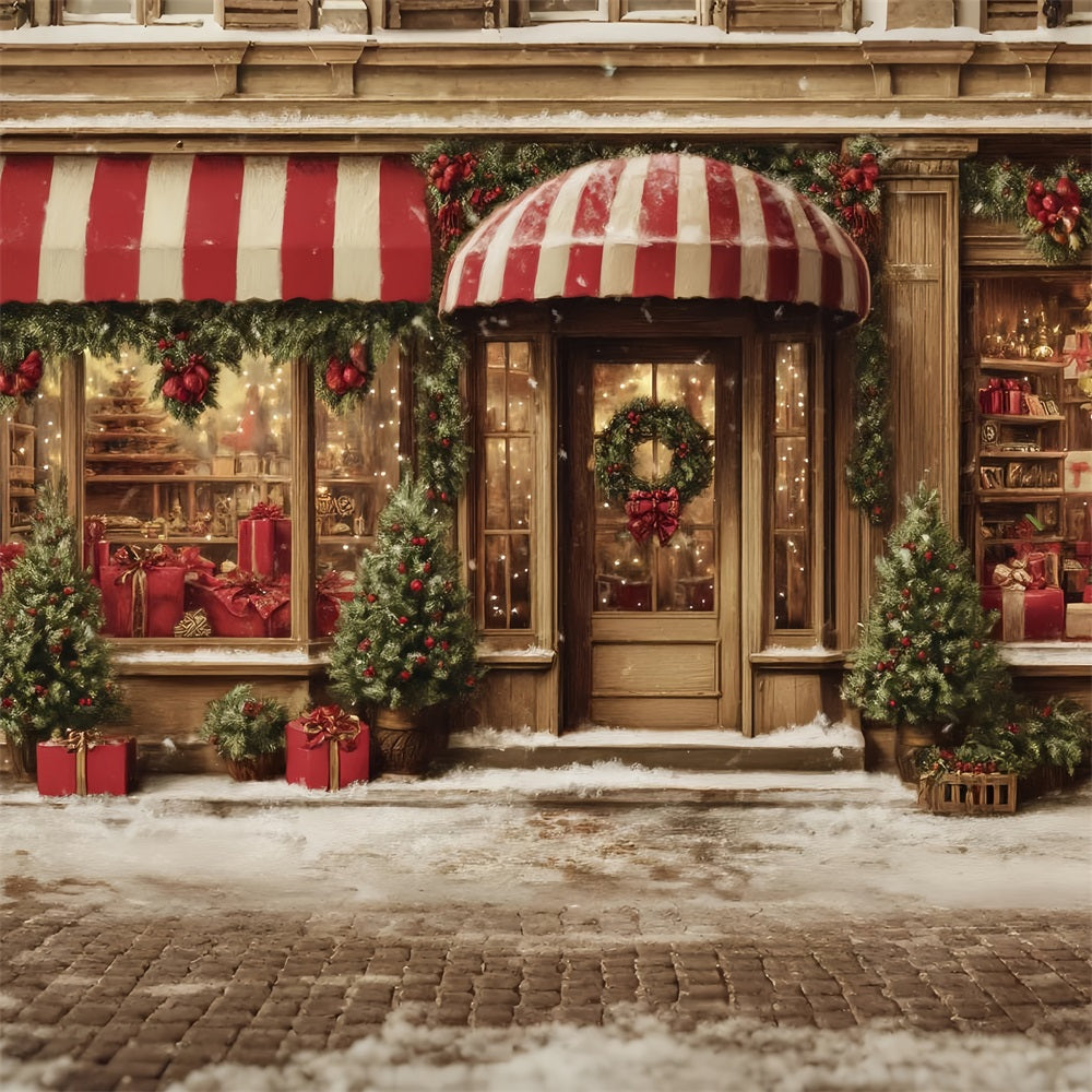 Toy Store Backdrop Candy Cane Gift Shopfront Christmas Photography Backdrops TWW59-109