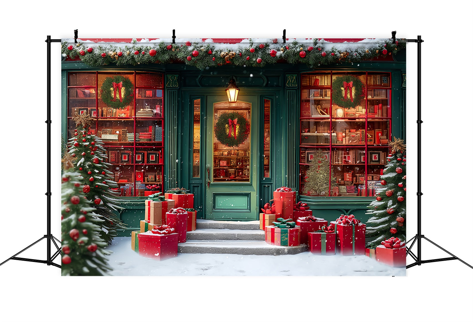 Toy Store Backdrop Festive Bookstore Snowy Entrance Christmas Photo Backdrops TWW59-110