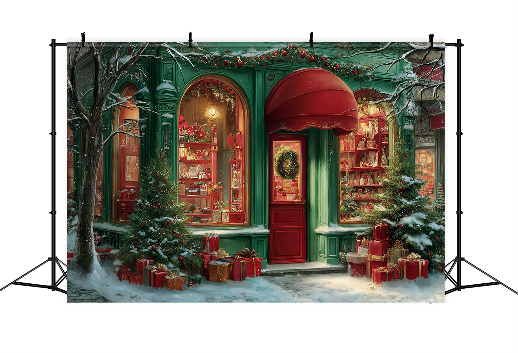 Toy Store Backdrop Holiday Boutique Red Awning Christmas Backdrops for Photos TWW59-111