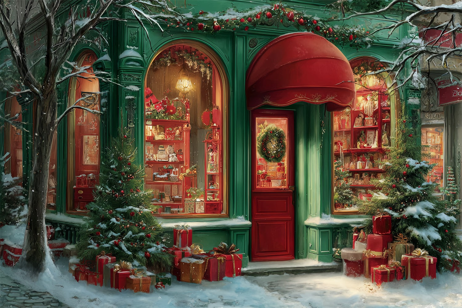 Toy Store Backdrop Holiday Boutique Red Awning Christmas Backdrops for Photos TWW59-111