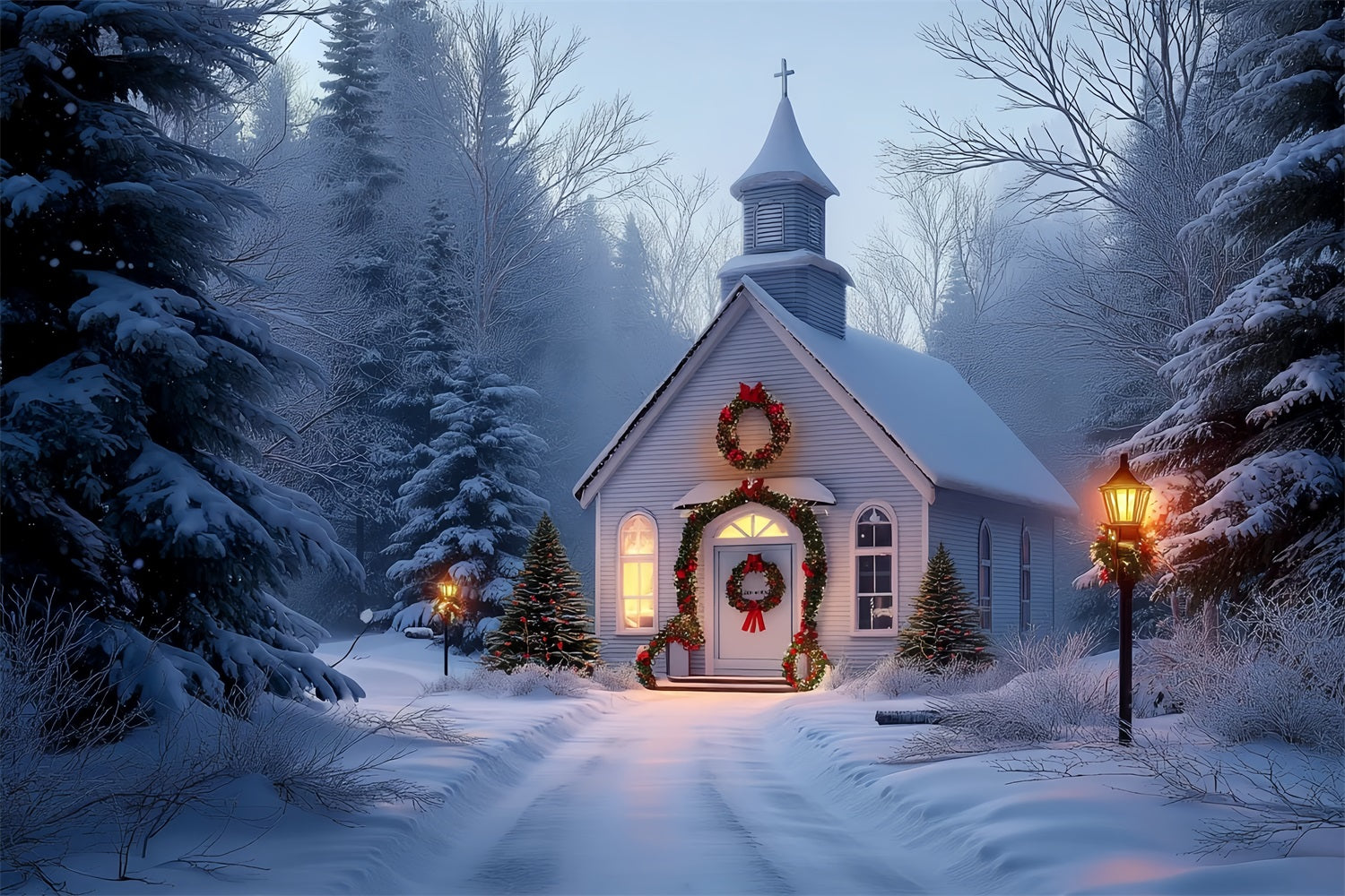 Church Backdrop Frosty Chapel Holiday Glow Christmas Backdrop Photography TWW59-113
