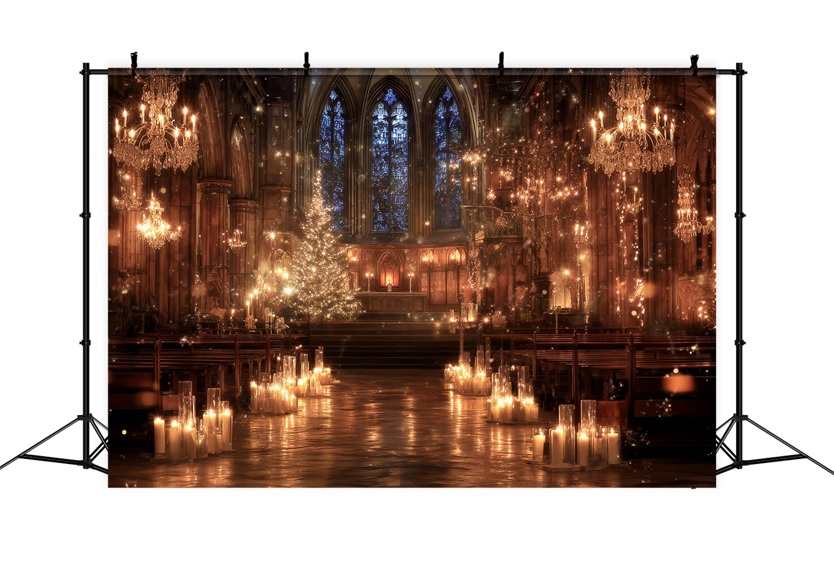 Church Backdrop Golden Candlelit Cathedral Magic Christmas Photography Backdrops TWW59-114