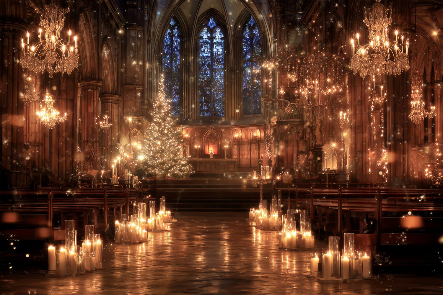 Church Backdrop Golden Candlelit Cathedral Magic Christmas Photography Backdrops TWW59-114
