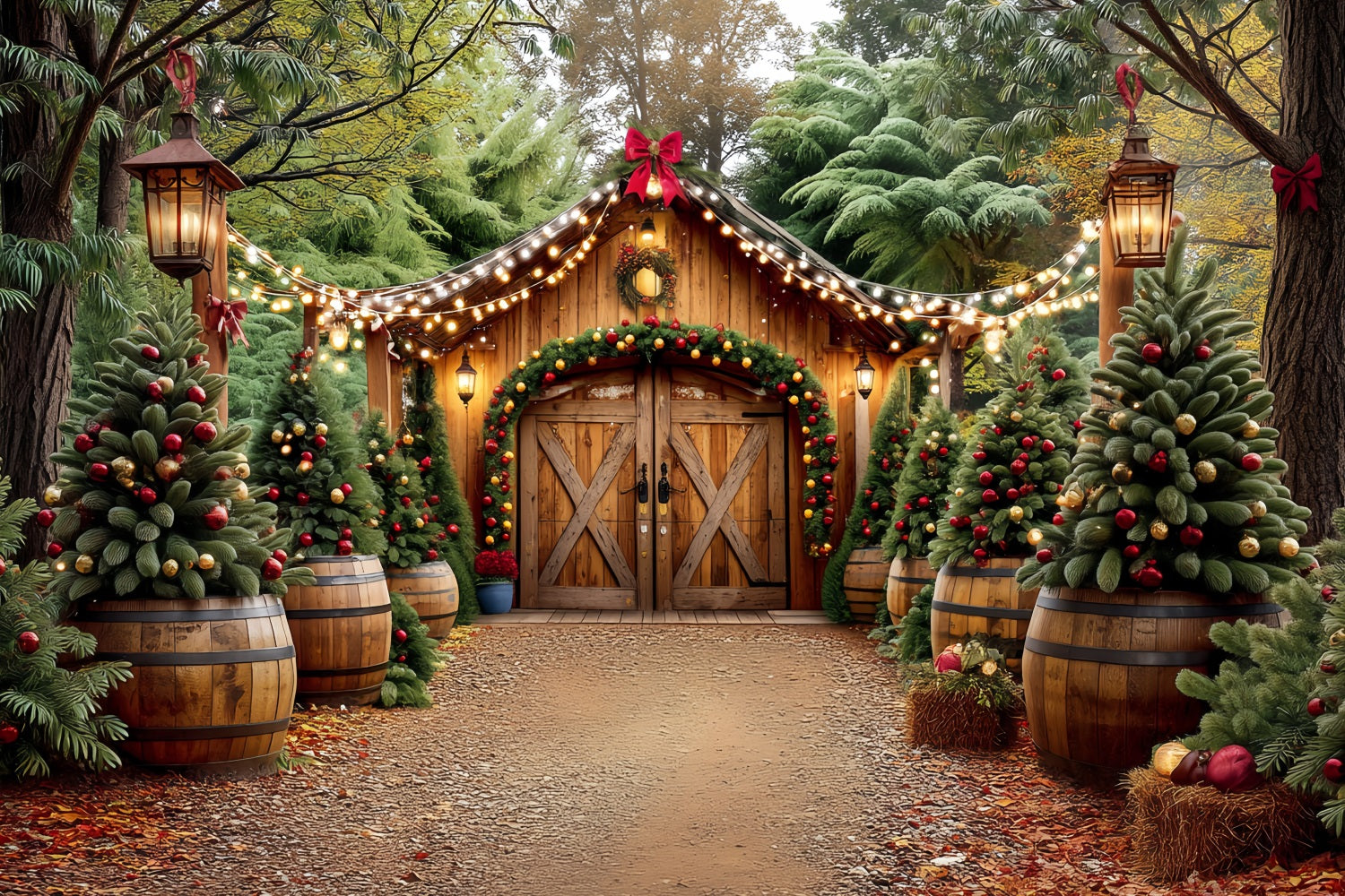 Christmas Farm Backdrop Rustic Barn Entrance Christmas Backdrop TWW59-117