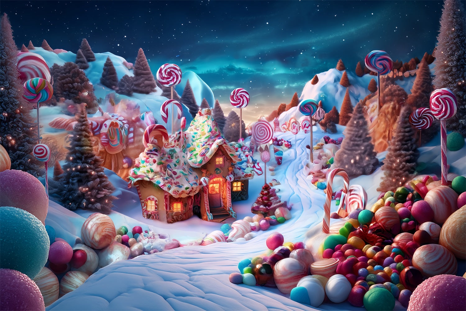 Candyland Backdrop Candy Wonderland Gingerbread Cottage Christmas Photo Backdrop TWW59-119