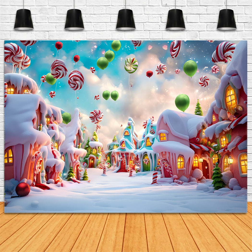 Candyland Backdrop Candy Balloon Snowy Village Christmas Photography Backdrops TWW59-121