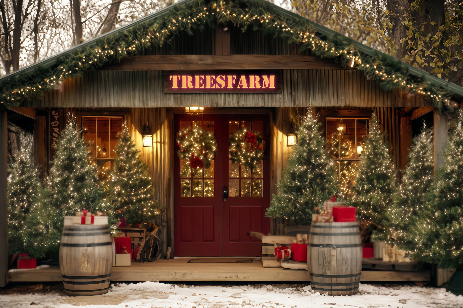 Christmas Farm Backdrop Rustic Tree Farm Entrance Christmas Photo Backdrops TWW59-122