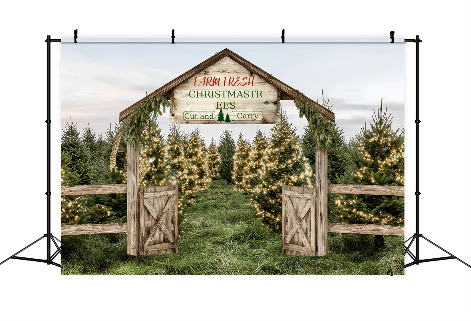 Christmas Farm Backdrop Farm Fresh Evergreen Path Professional Christmas Backdrops TWW59-124