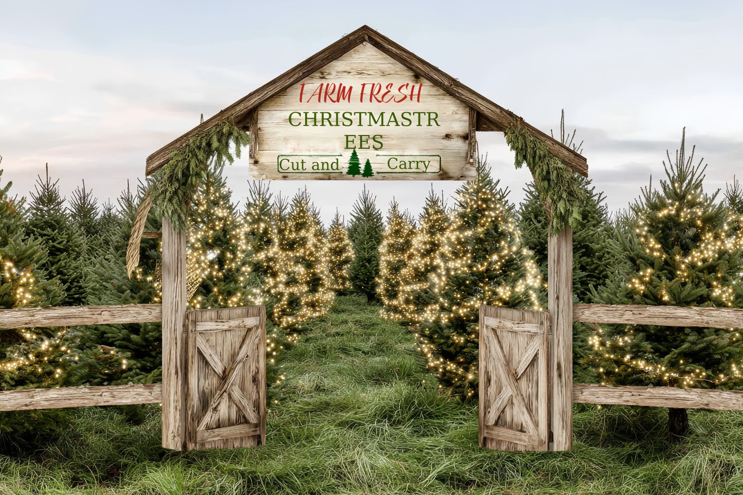 Christmas Farm Backdrop Farm Fresh Evergreen Path Professional Christmas Backdrops TWW59-124