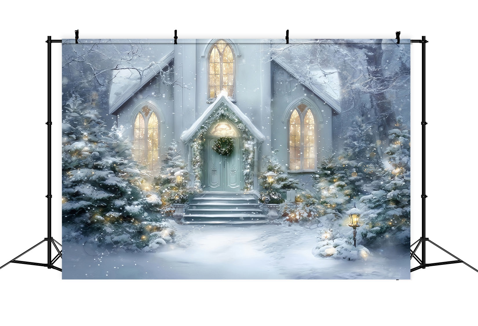 Church Backdrop Snowy Church Entrance Glow Christmas Backdrop Photography TWW59-125